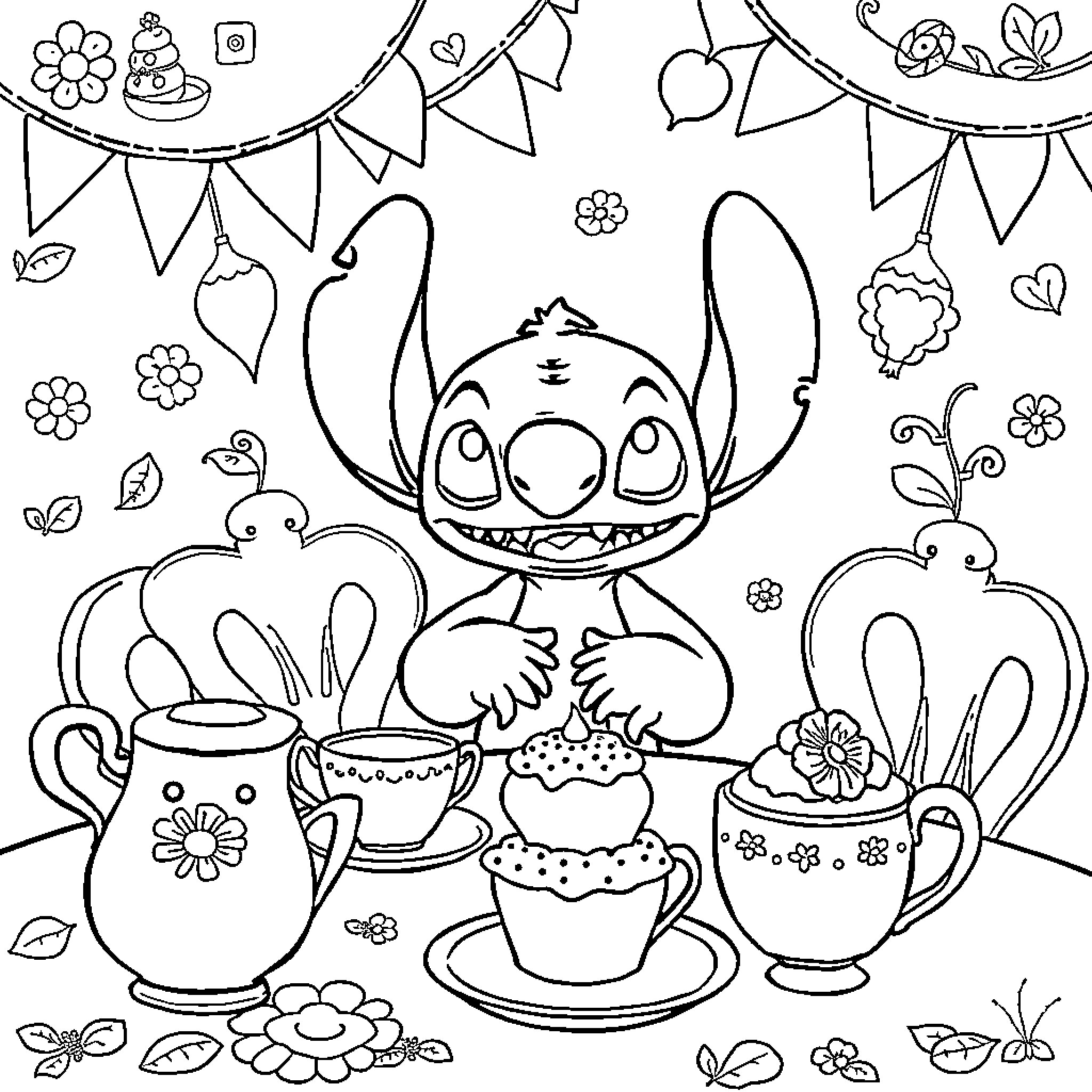 Stitch enjoys a tea party with friends Coloring Page (free black-and-white line drawing printable PDF for all, from beginners to advanced learners, including children, teens, adults, and seniors)
