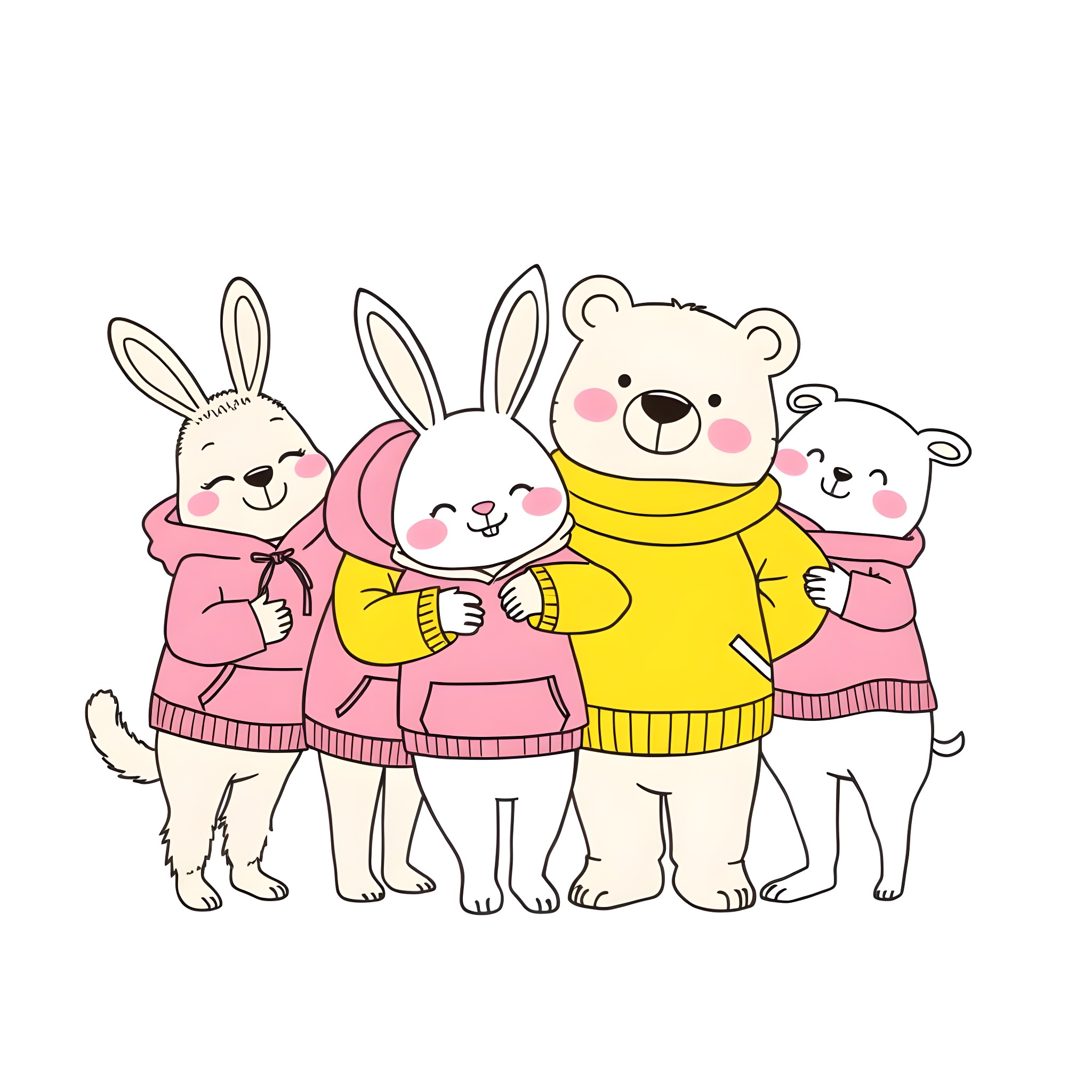Animal friends in cozy outfits Coloring Page (free black-and-white line drawing printable PDF for all, from beginners to advanced learners, including children, teens, adults, and seniors)