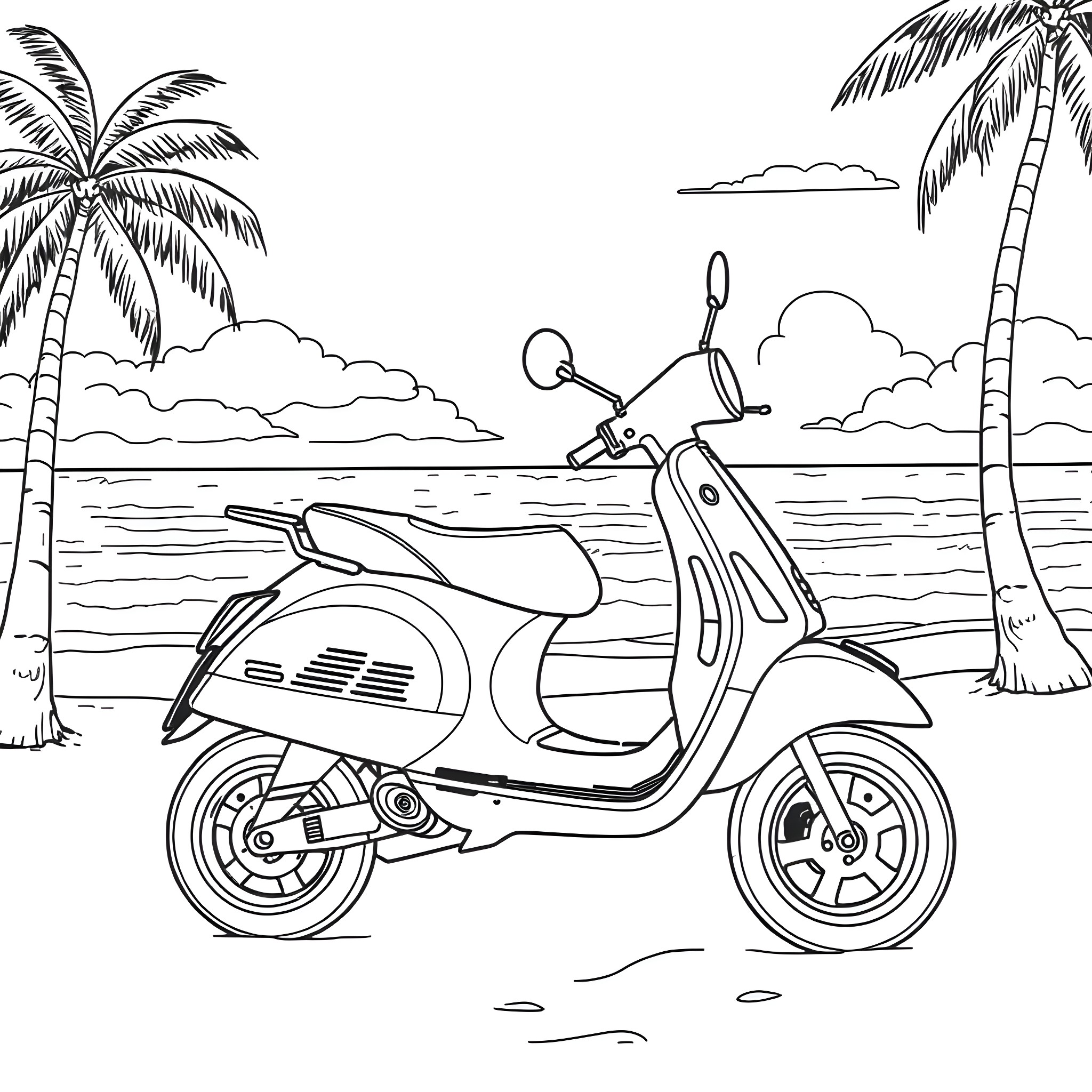 Vespa on tropical beach with palm trees Coloring Page (free black-and-white line drawing printable PDF for all, from beginners to advanced learners, including children, teens, adults, and seniors)
