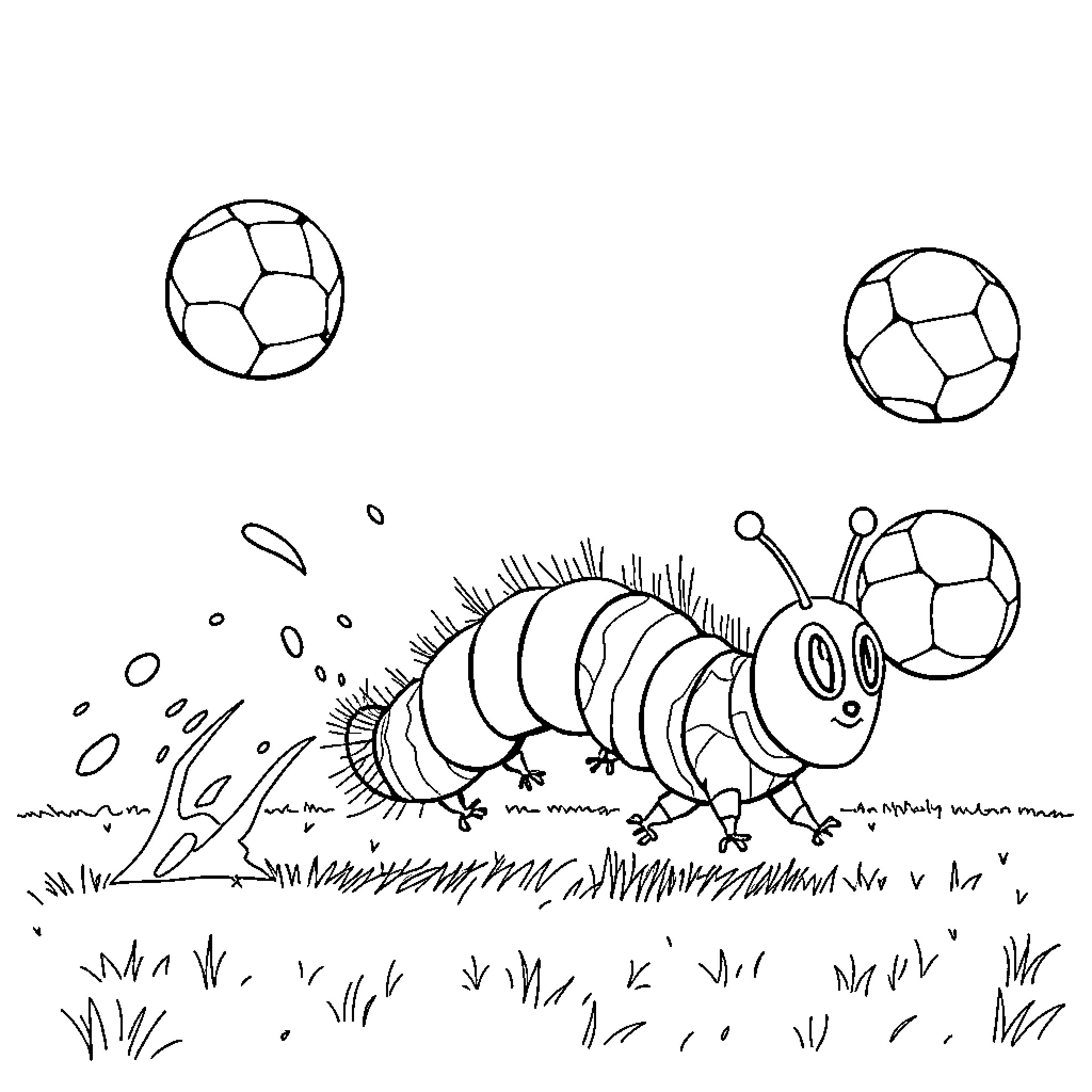 Caterpillar crawling happily in the grass Coloring Page (free black-and-white line drawing printable PDF for all, from beginners to advanced learners, including children, teens, adults, and seniors)