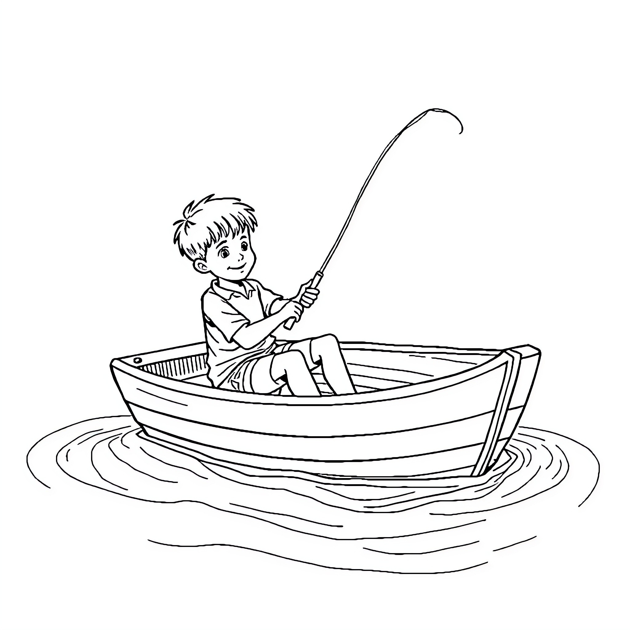 Boy fishing in a boat on the water Coloring Page (free black-and-white line drawing printable PDF for all, from beginners to advanced learners, including children, teens, adults, and seniors)