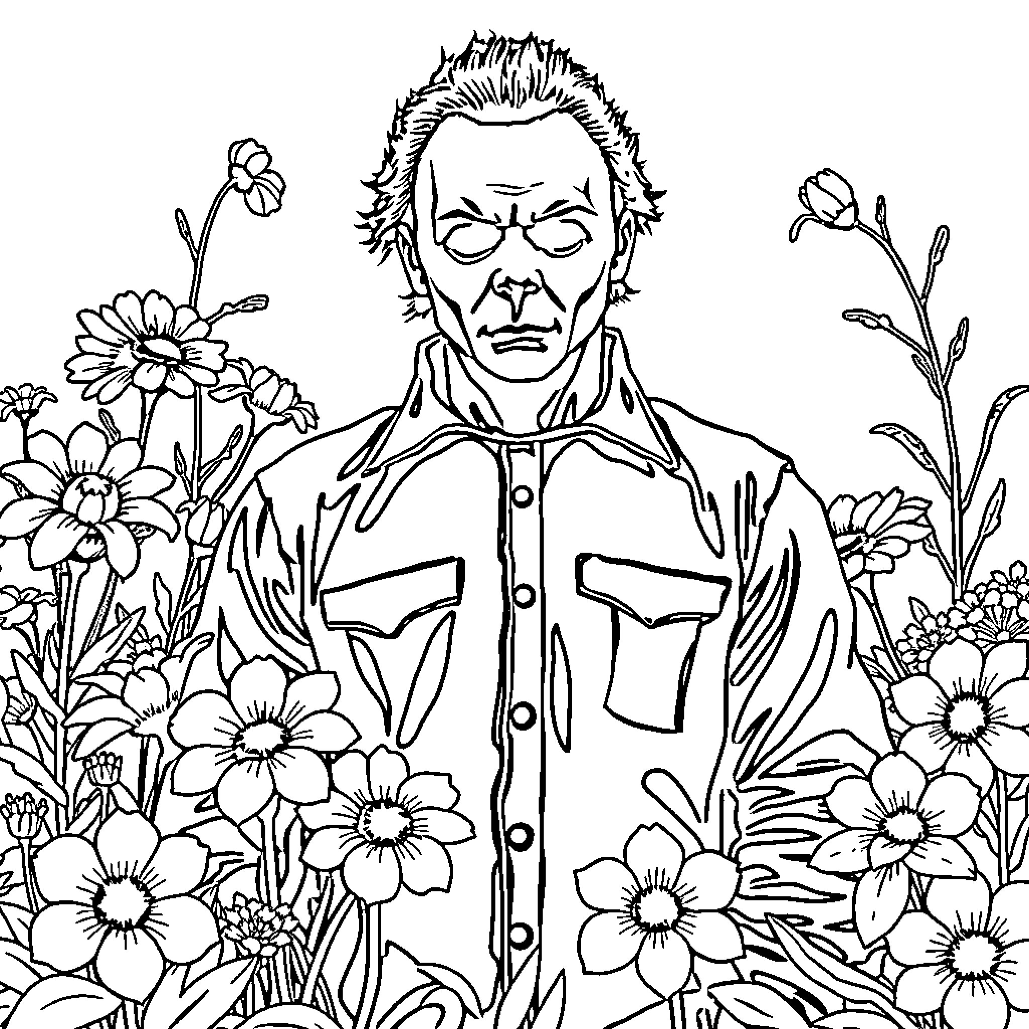 Michael Myers surrounded by dark flowers Coloring Page (free black-and-white line drawing printable PDF for all, from beginners to advanced learners, including children, teens, adults, and seniors)