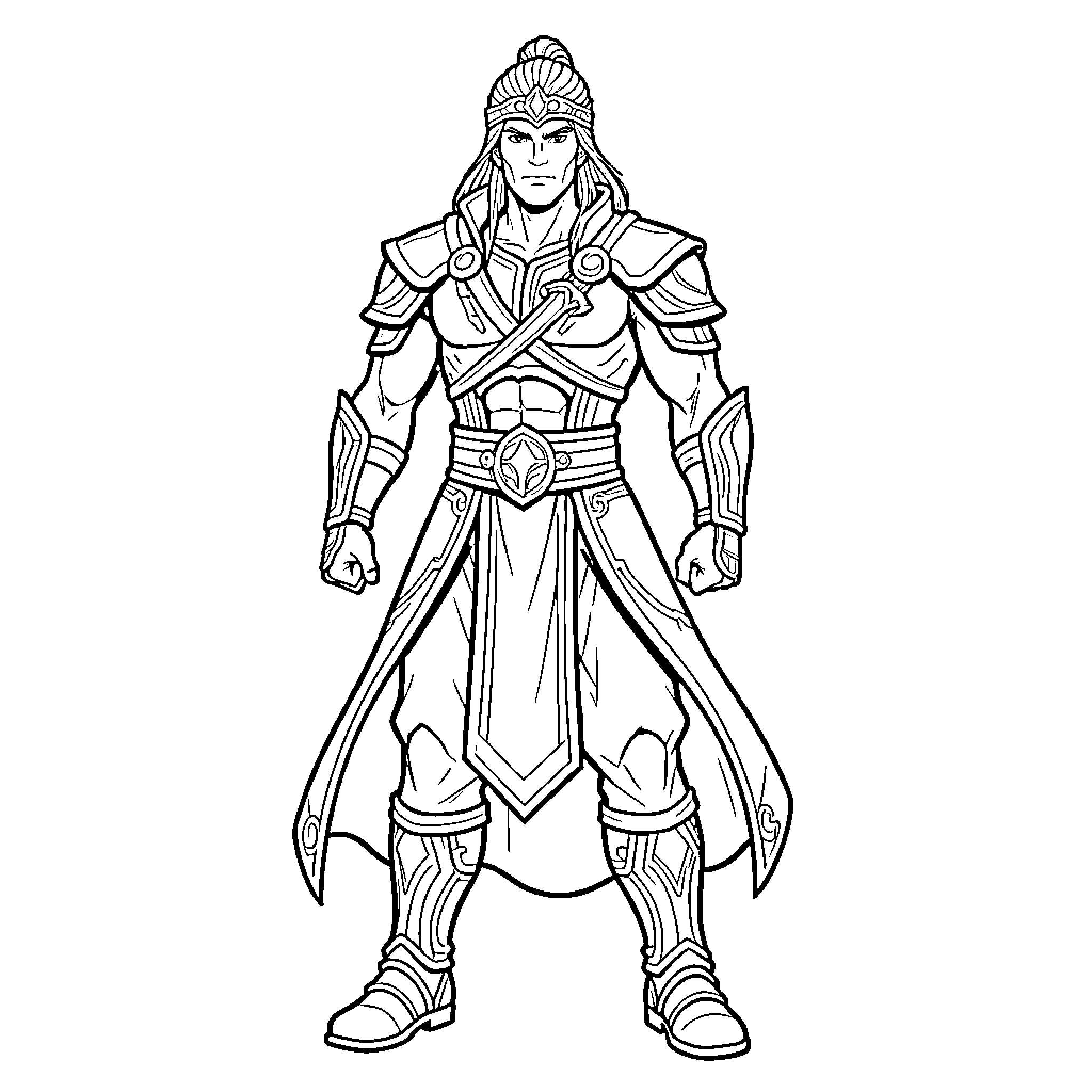 Tang San standing heroically in ornate warrior armor Coloring Page (free black-and-white line drawing printable PDF for all, from beginners to advanced learners, including children, teens, adults, and seniors)