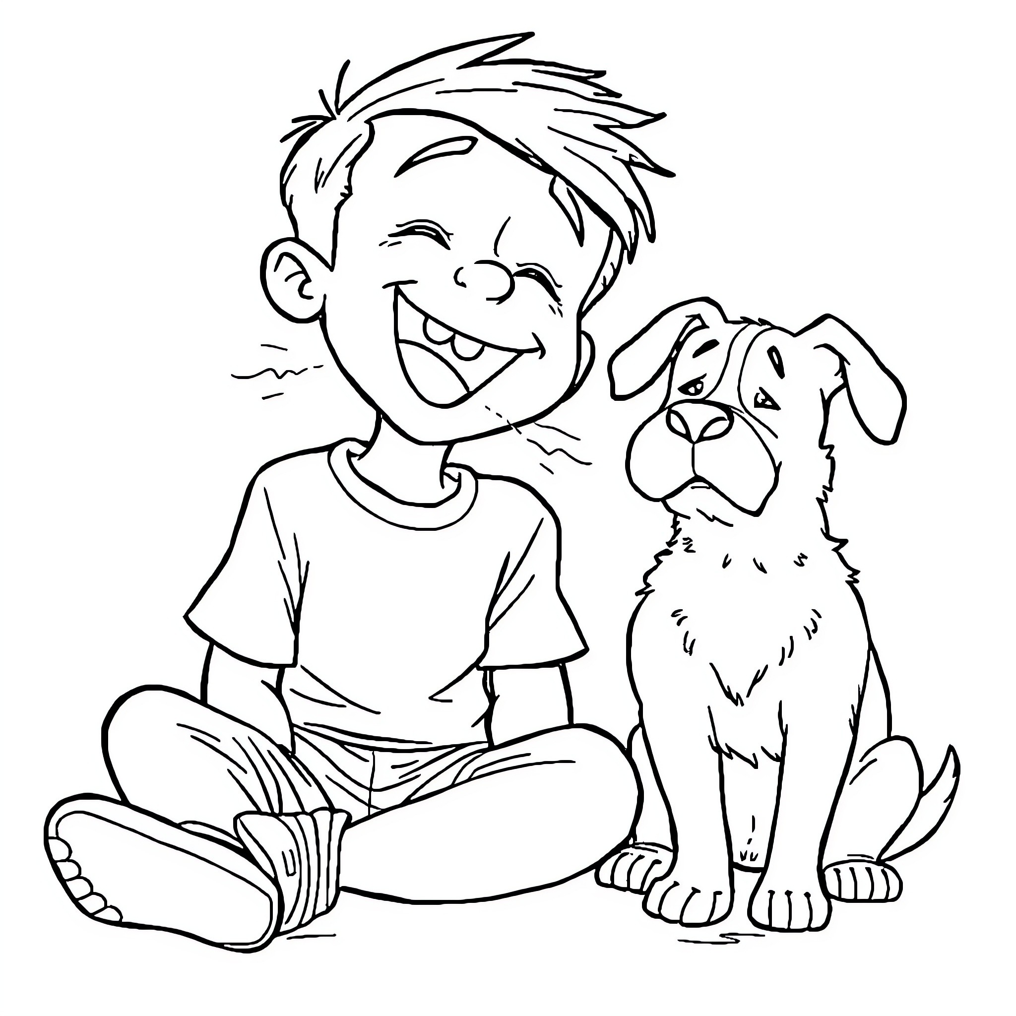 Boy happily playing with his pet dog Coloring Page (free black-and-white line drawing printable PDF for all, from beginners to advanced learners, including children, teens, adults, and seniors)