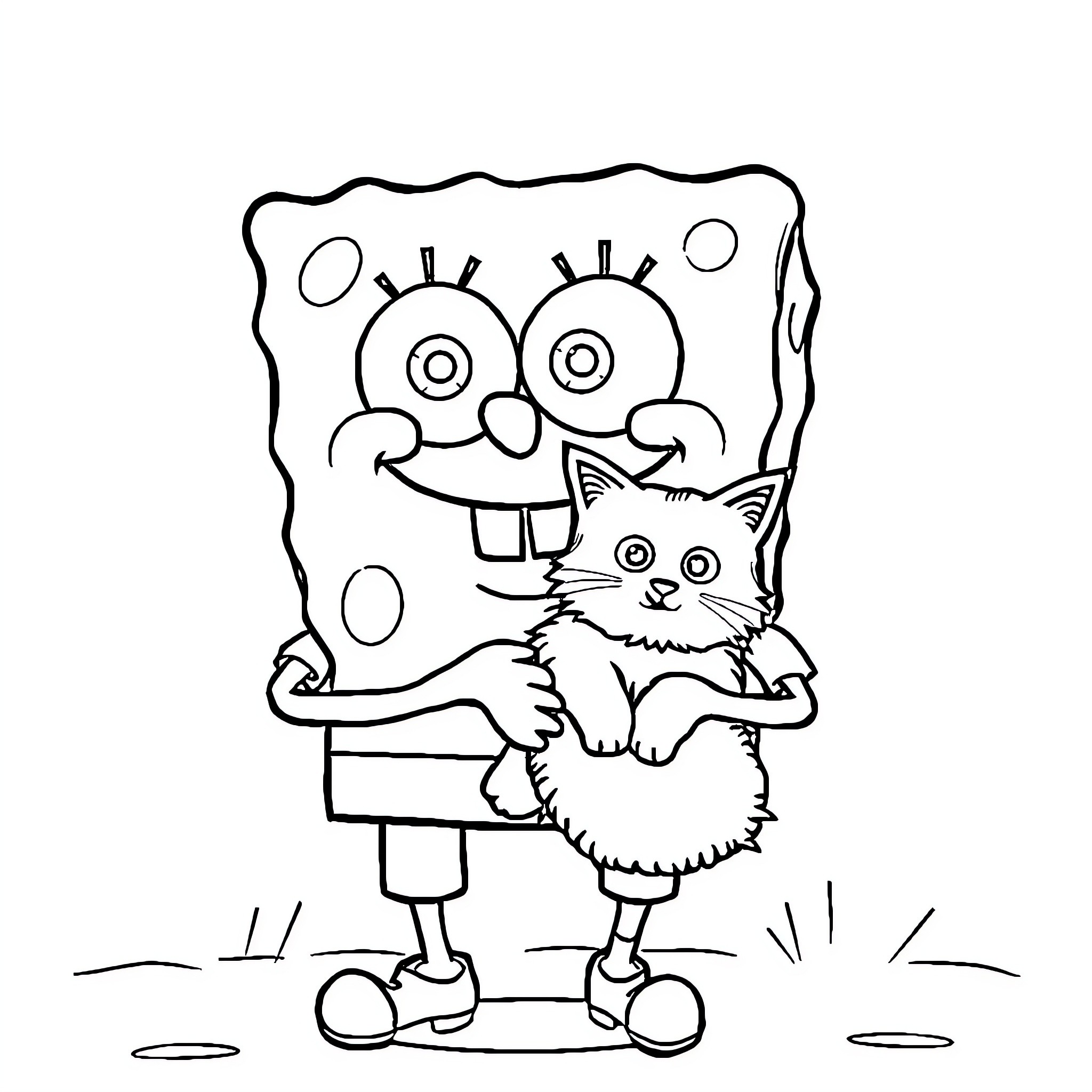 Spongebob holding a cute kitten Coloring Page (free black-and-white line drawing printable PDF for all, from beginners to advanced learners, including children, teens, adults, and seniors)