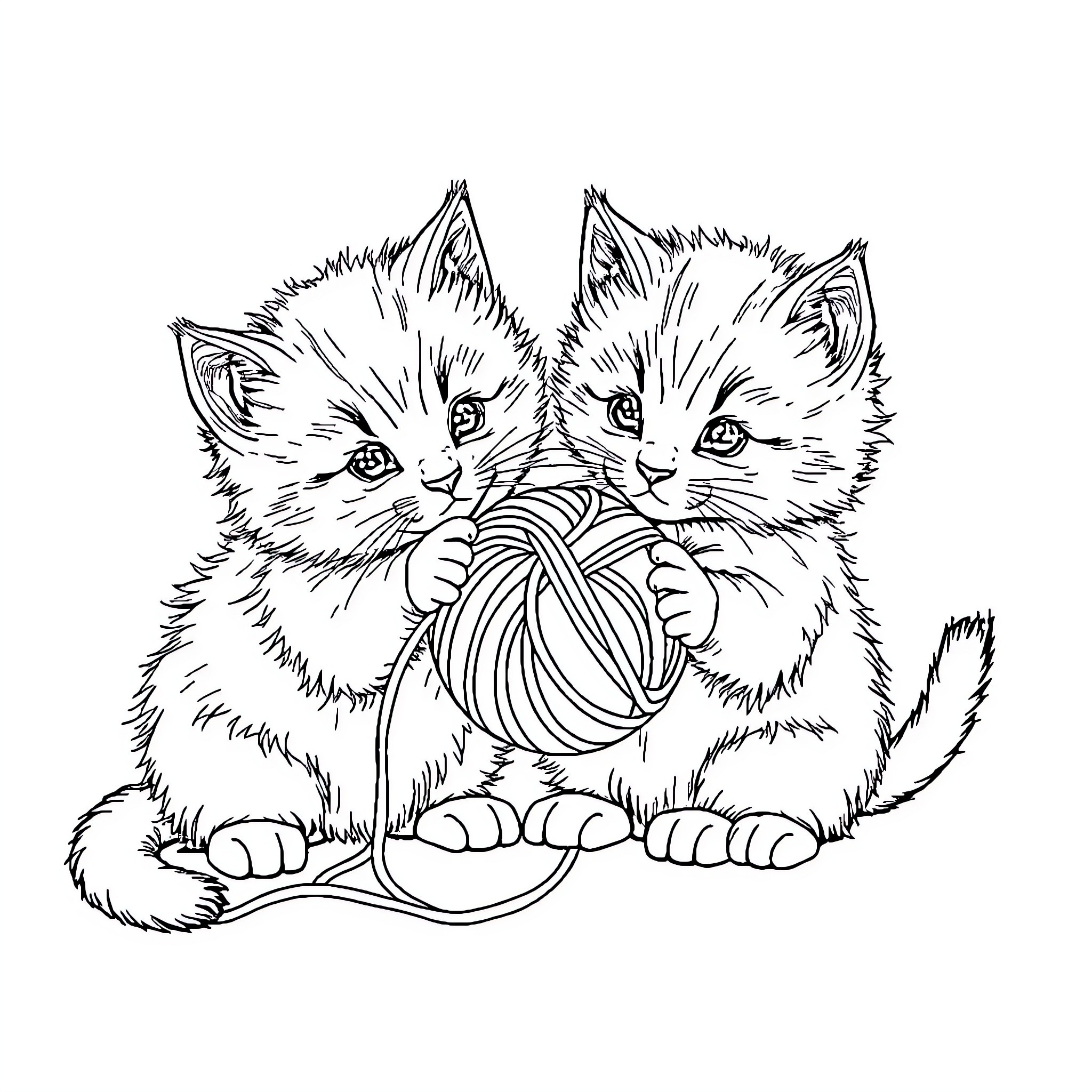 Kittens playing with yarn Coloring Page (free black-and-white line drawing printable PDF for all, from beginners to advanced learners, including children, teens, adults, and seniors)