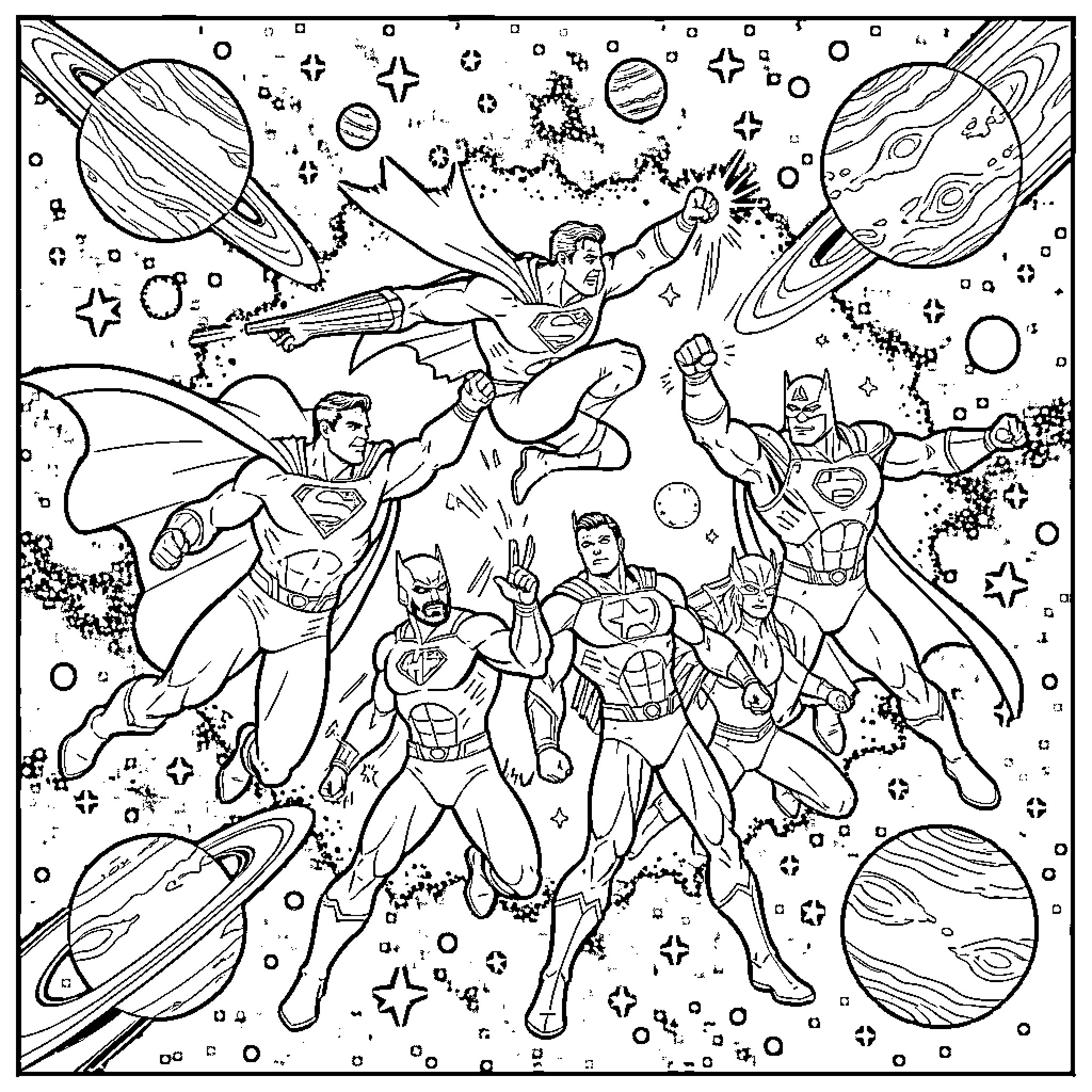 Superman and fellow superheroes flying through outer space Coloring Page (free black-and-white line drawing printable PDF for all, from beginners to advanced learners, including children, teens, adults, and seniors)