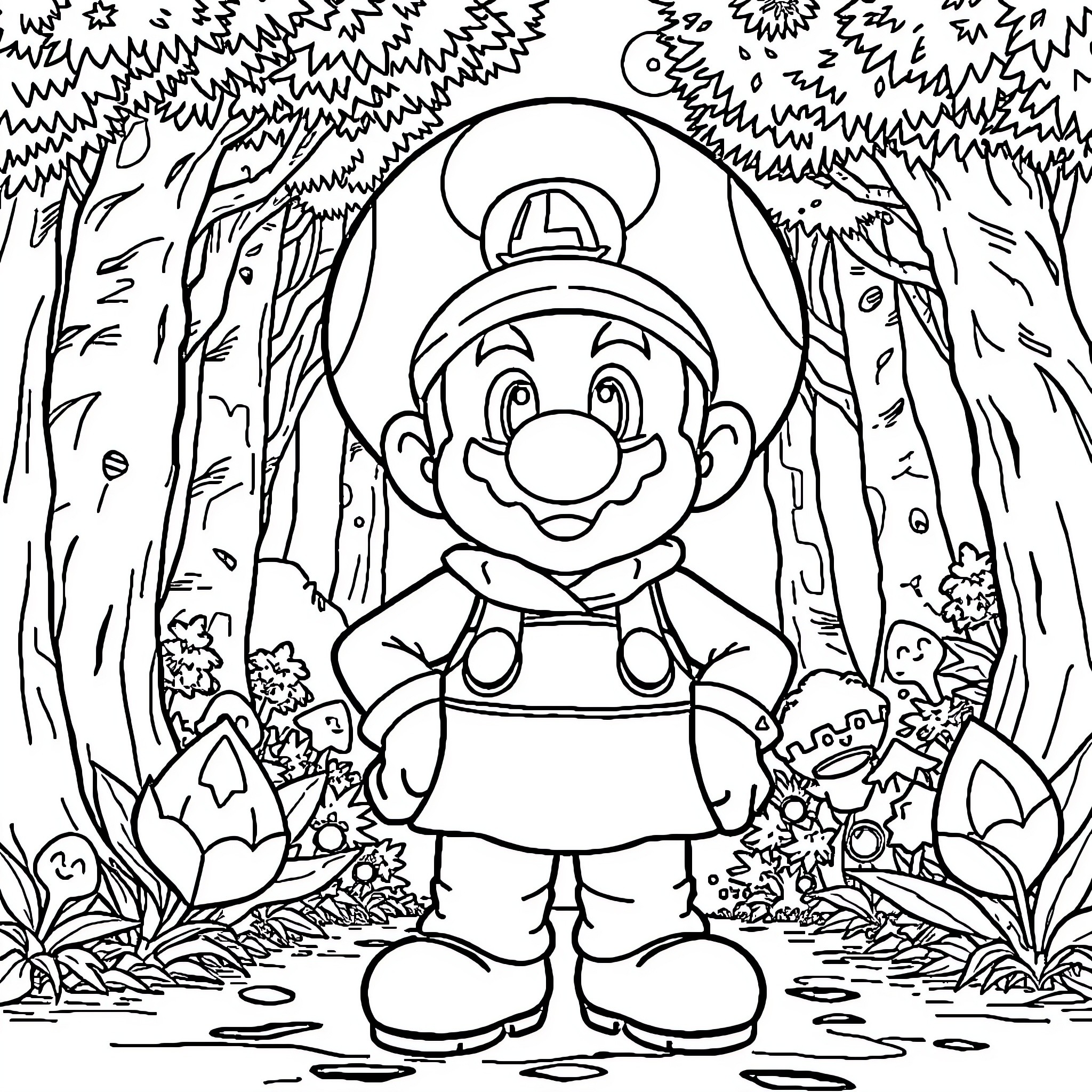 Super Mario exploring the vibrant forest Coloring Page (free black-and-white line drawing printable PDF for all, from beginners to advanced learners, including children, teens, adults, and seniors)