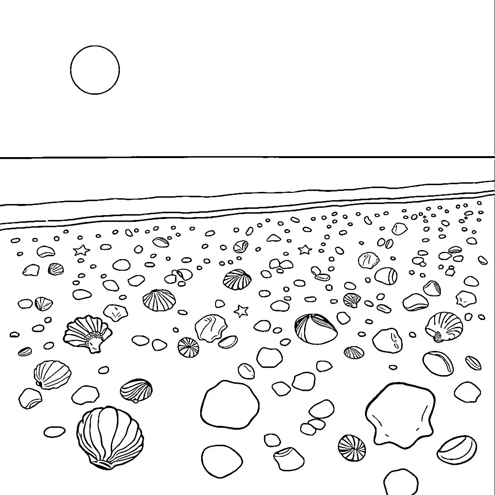 Shell-scattered beach landscape with tranquil sky Coloring Page (free black-and-white line drawing printable PDF for all, from beginners to advanced learners, including children, teens, adults, and seniors)