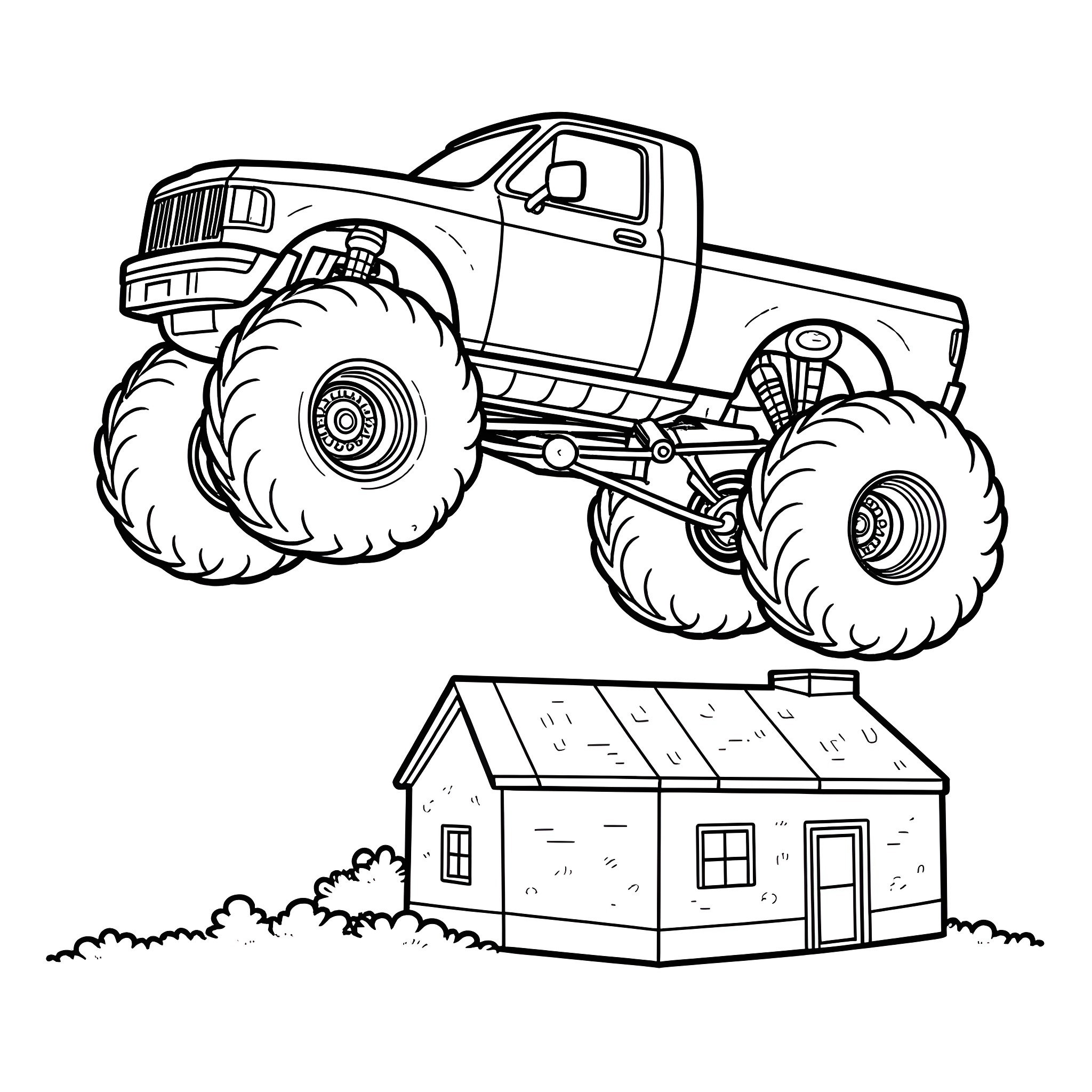 Monster Truck Crushing Tiny House Coloring Page (free black-and-white line drawing printable PDF for all, from beginners to advanced learners, including children, teens, adults, and seniors)