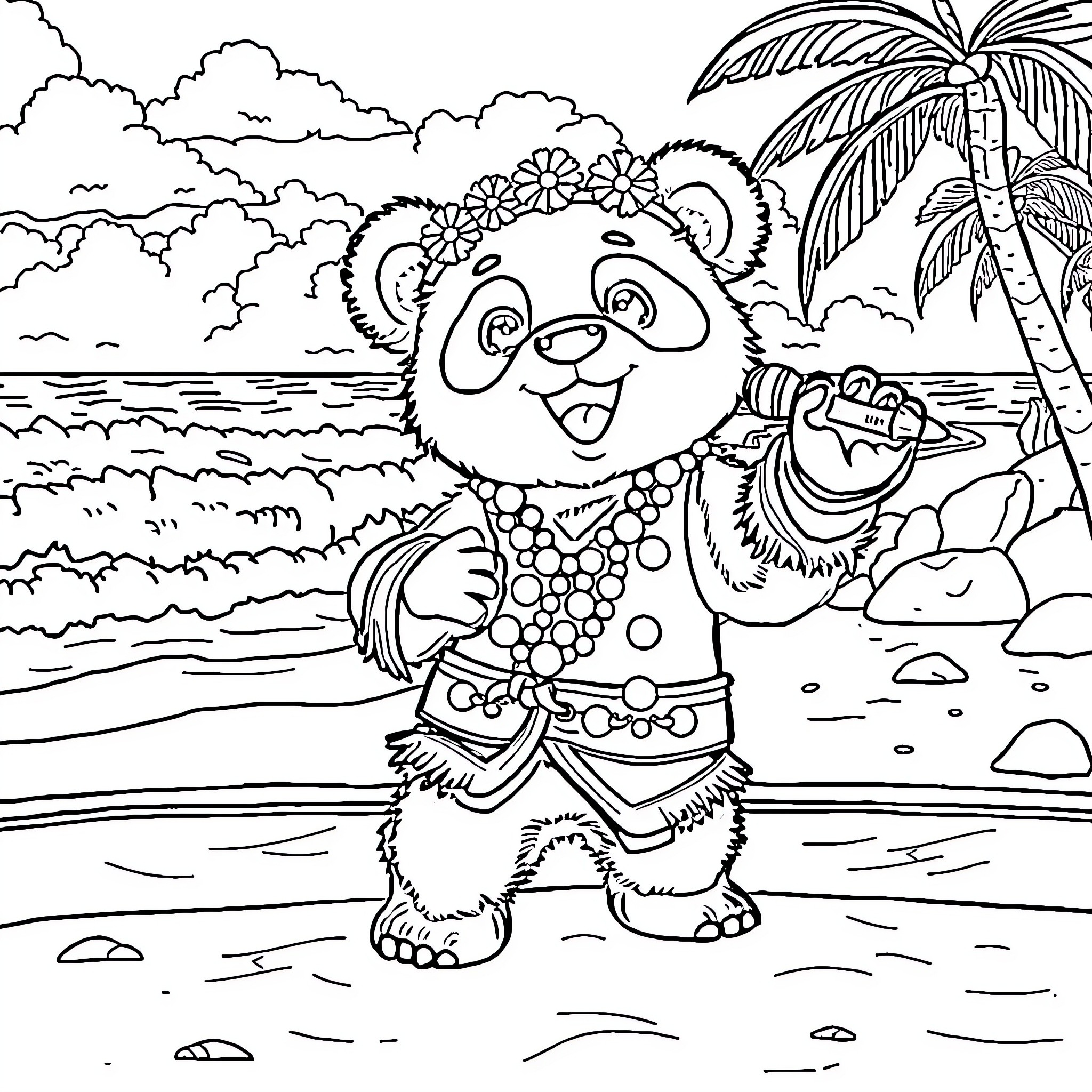 Panda enjoying a tropical vacation on the beach Coloring Page (free black-and-white line drawing printable PDF for all, from beginners to advanced learners, including children, teens, adults, and seniors)