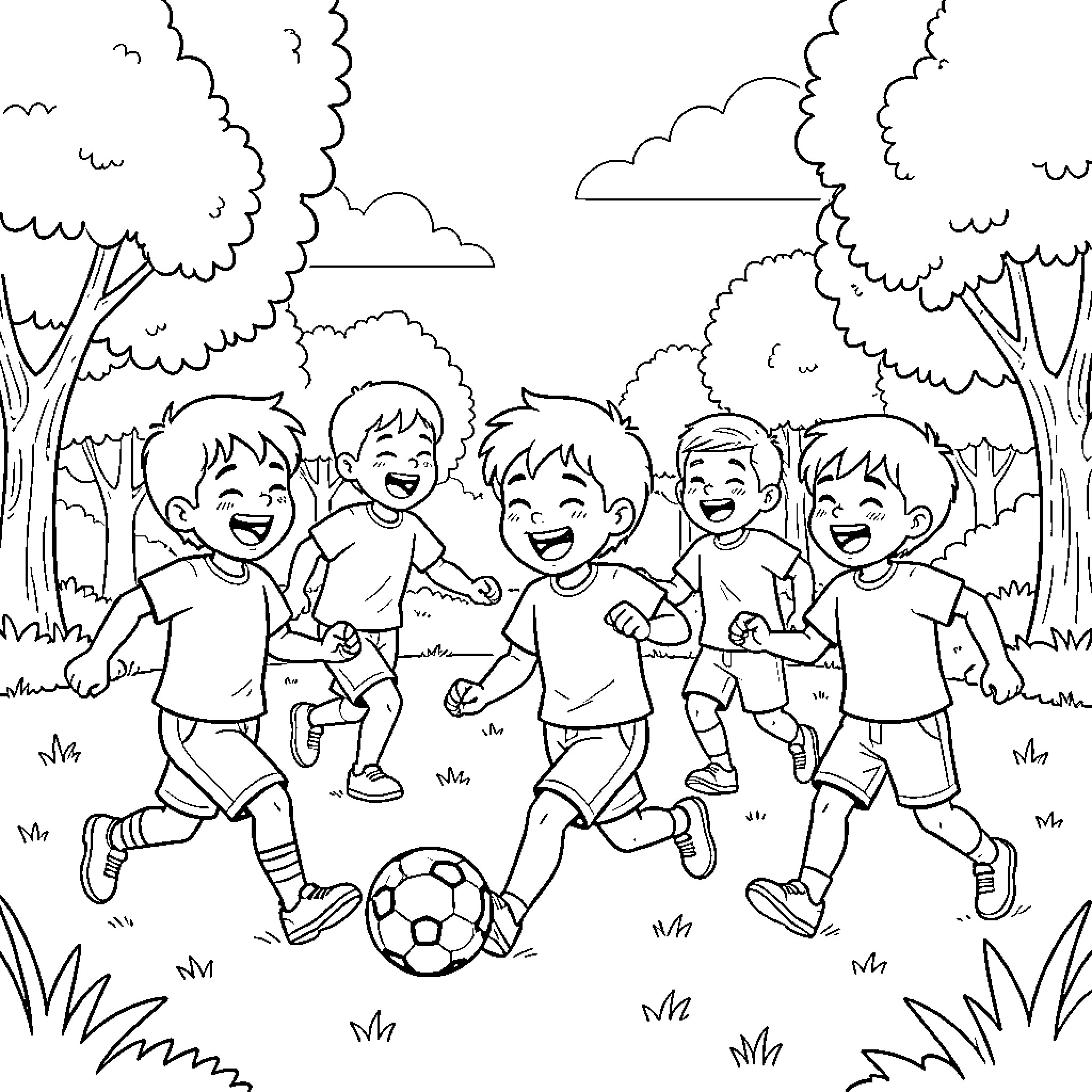 Kid friends playing soccer in the park Coloring Page (free black-and-white line drawing printable PDF for all, from beginners to advanced learners, including children, teens, adults, and seniors)