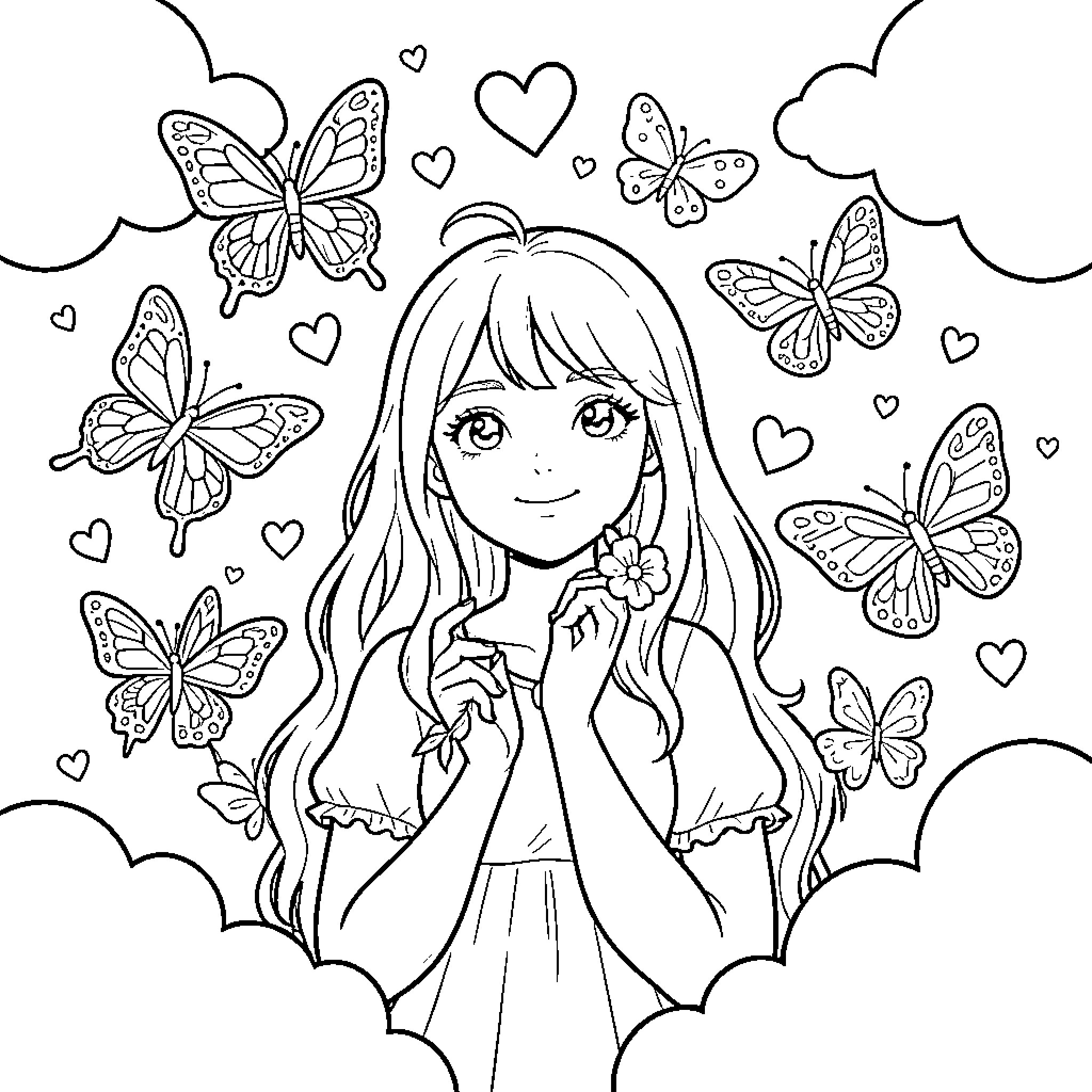 Julieta and her Whimsical Butterfly Friends Coloring Page (free black-and-white line drawing printable PDF for all, from beginners to advanced learners, including children, teens, adults, and seniors)
