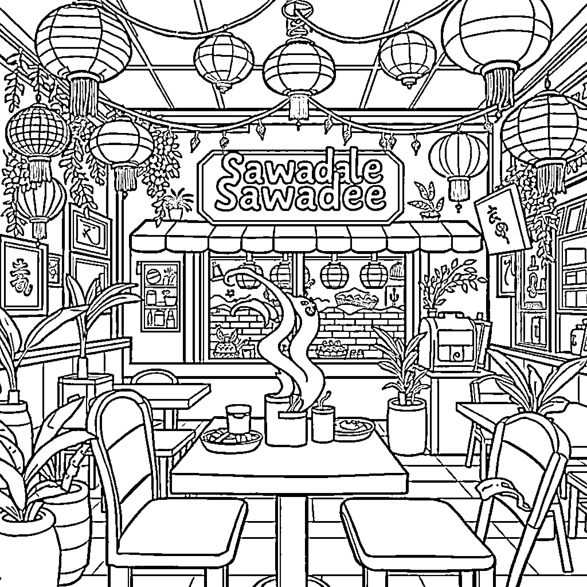 Restaurant with Ornate Lanterns and Decor Coloring Page (free black-and-white line drawing printable PDF for all, from beginners to advanced learners, including children, teens, adults, and seniors)