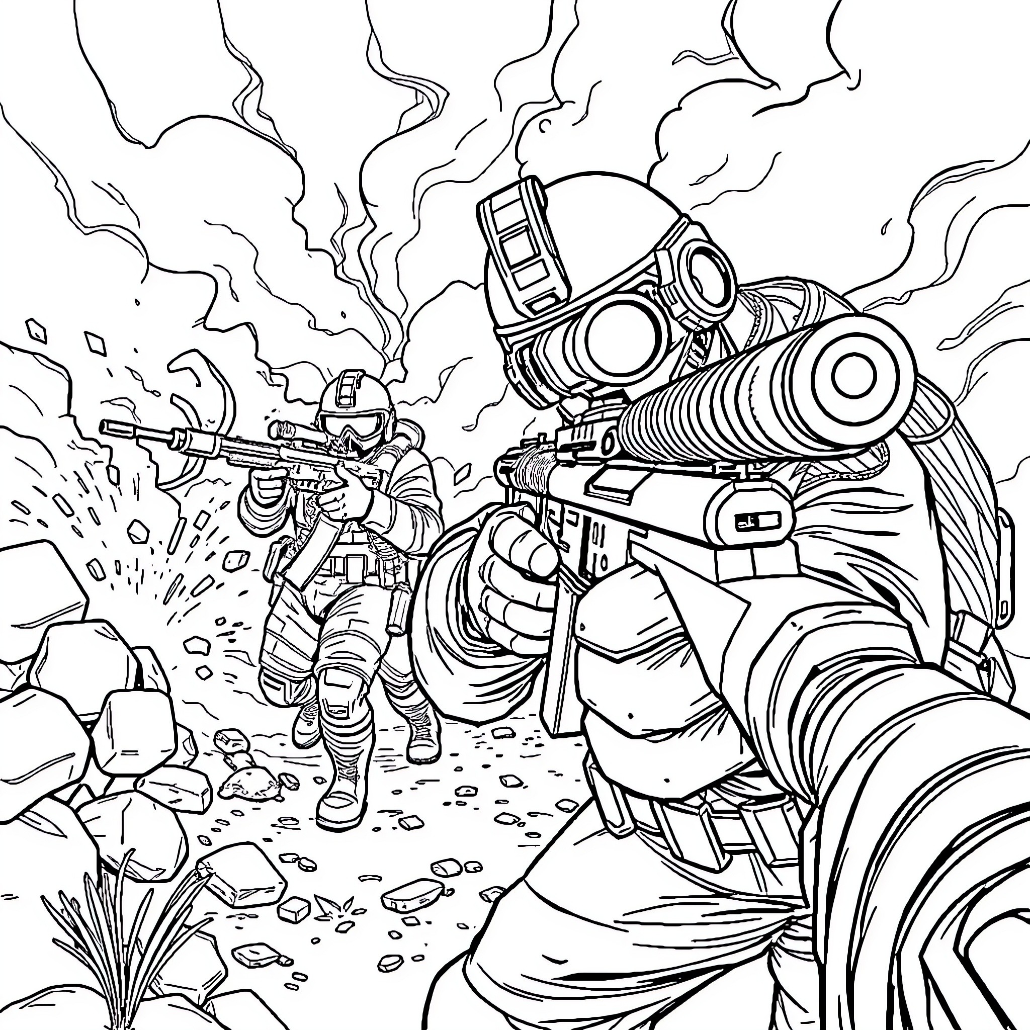Call of Duty: Intense Battlefield Encounter Coloring Page (free black-and-white line drawing printable PDF for all, from beginners to advanced learners, including children, teens, adults, and seniors)