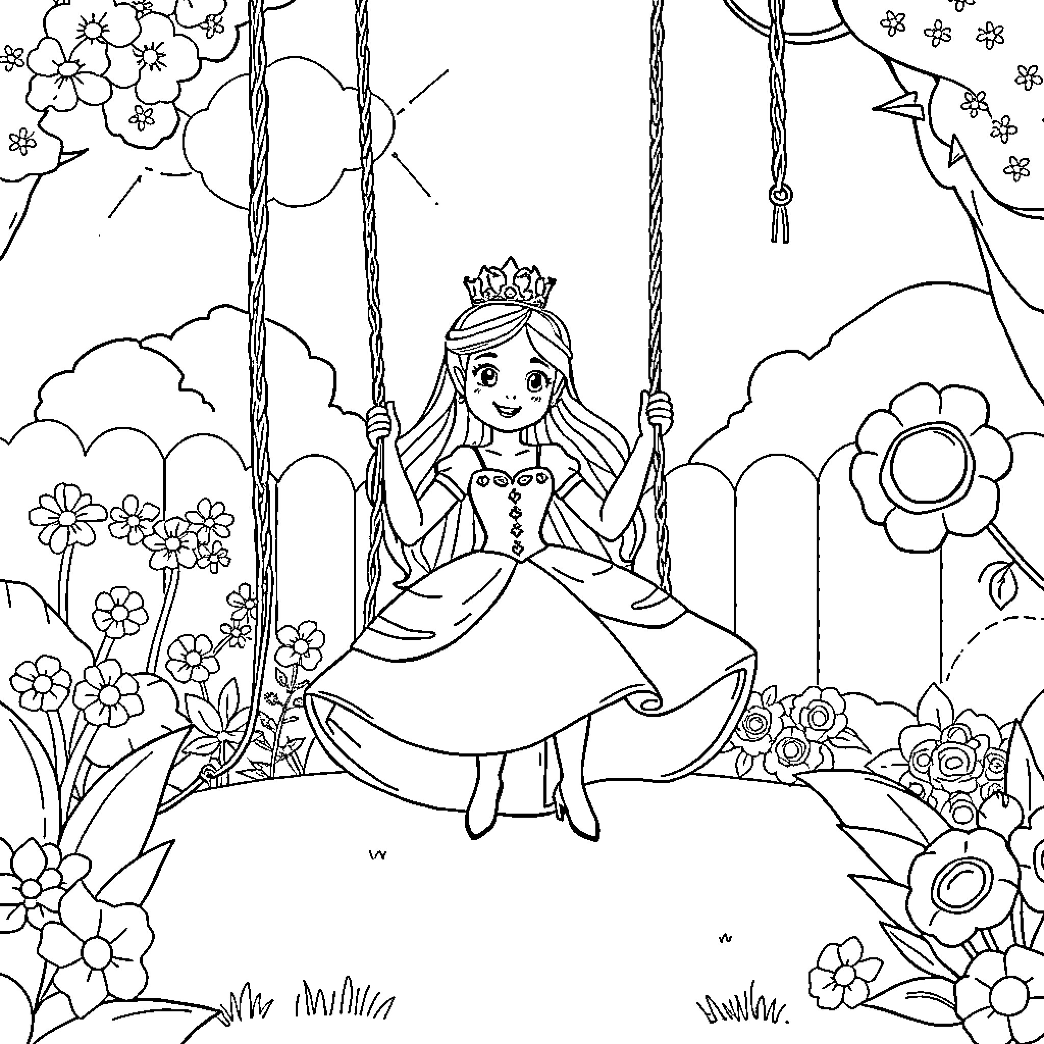 Princess enjoying a swing in a floral garden Coloring Page (free black-and-white line drawing printable PDF for all, from beginners to advanced learners, including children, teens, adults, and seniors)