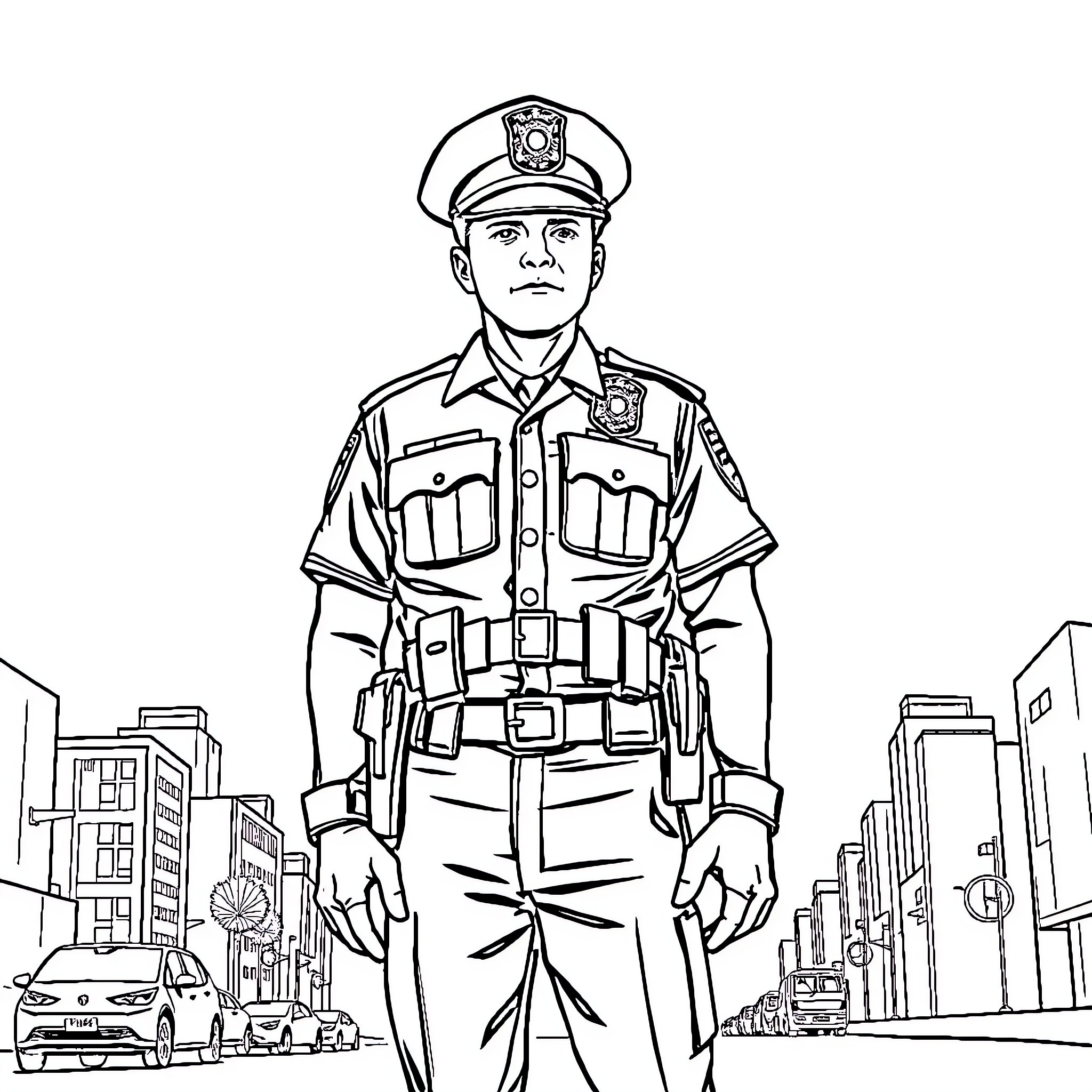 Police Officer Standing Vigilant in the City Coloring Page (free black-and-white line drawing printable PDF for all, from beginners to advanced learners, including children, teens, adults, and seniors)