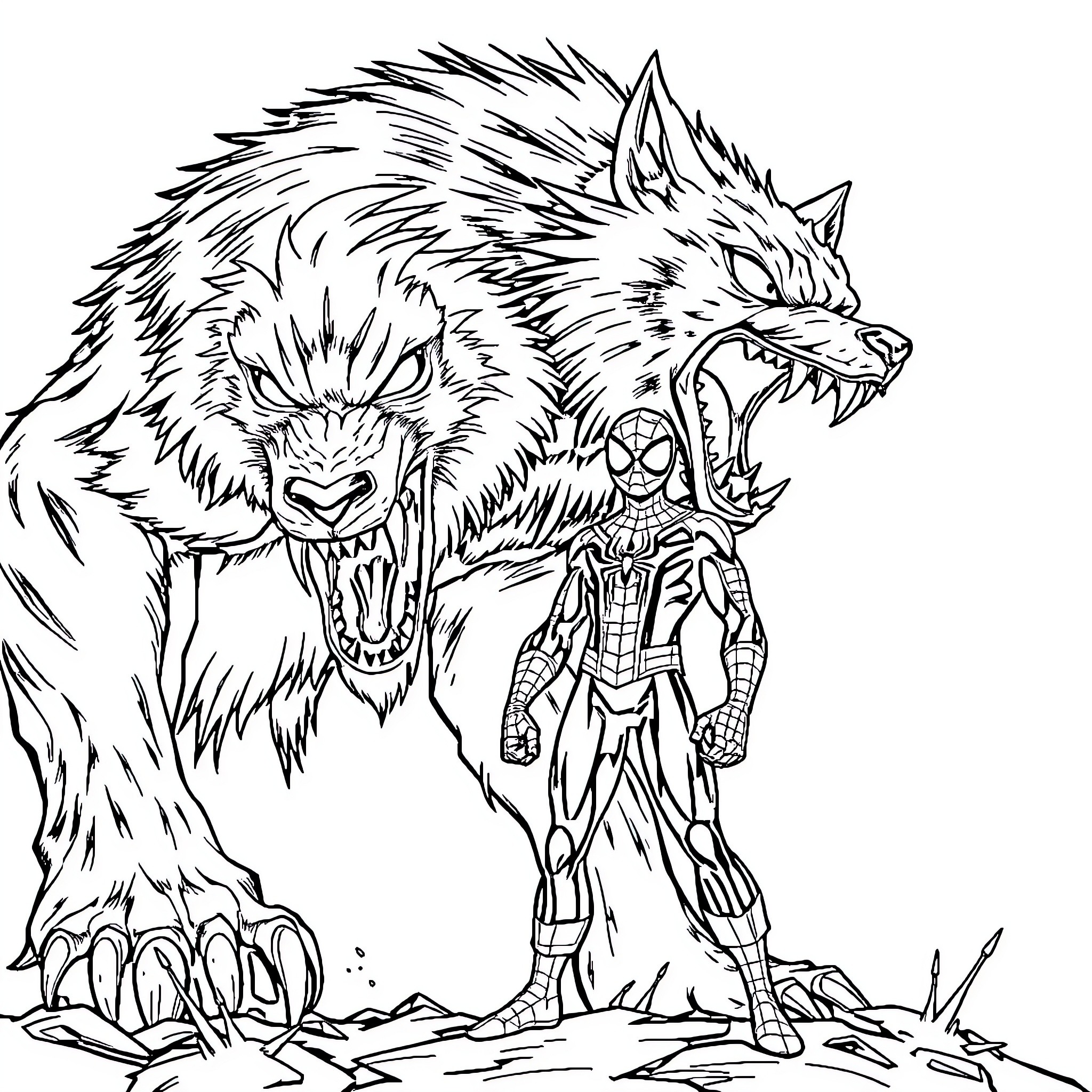 Spiderman confronting a ferocious werewolf Coloring Page (free black-and-white line drawing printable PDF for all, from beginners to advanced learners, including children, teens, adults, and seniors)