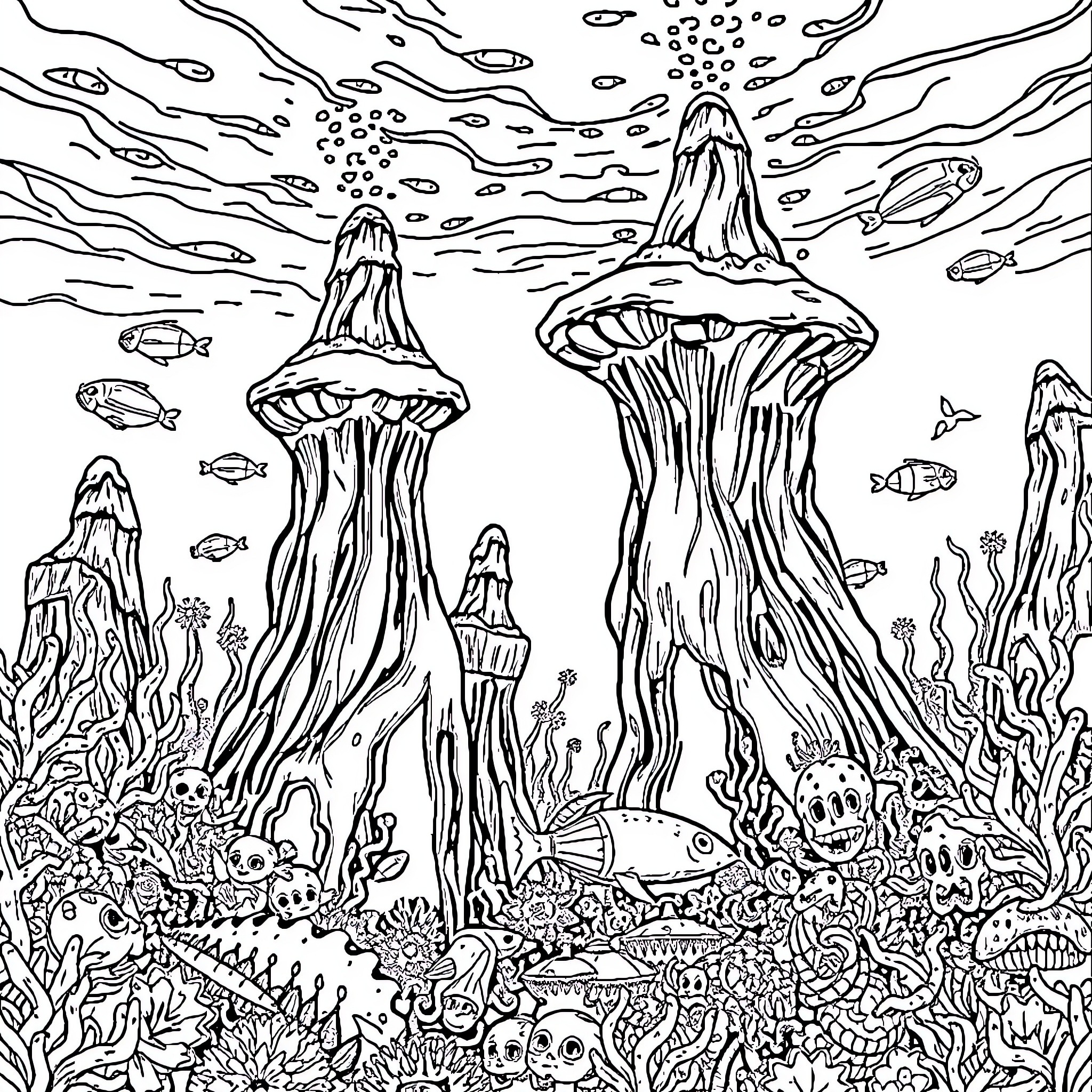 Chimney Mushrooms in Underwater Wonderland Coloring Page (free black-and-white line drawing printable PDF for all, from beginners to advanced learners, including children, teens, adults, and seniors)