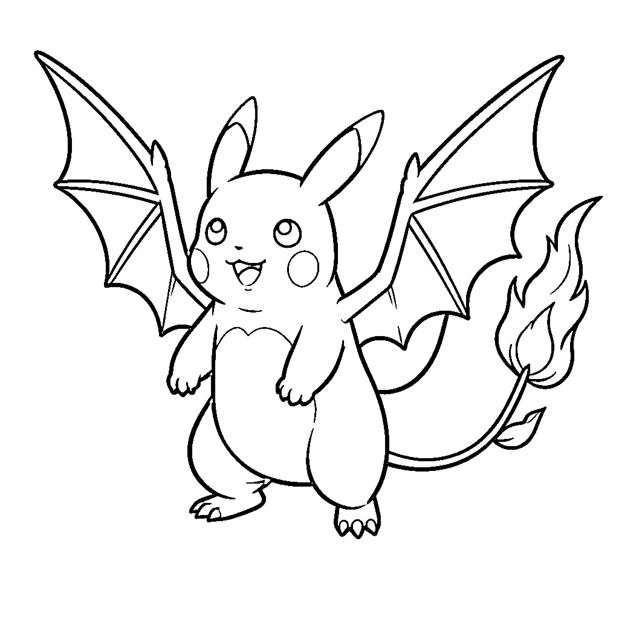 Pikachu with wings and fire Coloring Page (free black-and-white line drawing printable PDF for all, from beginners to advanced learners, including children, teens, adults, and seniors)