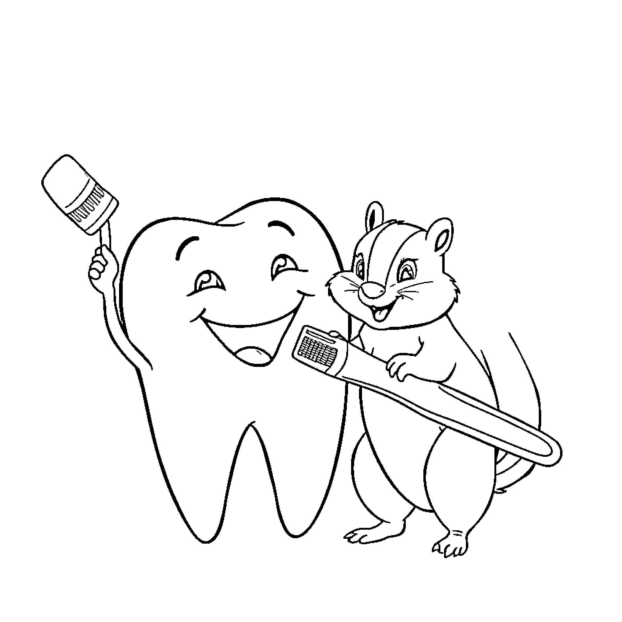 Tooth Brushing Time with Friendly Animals Coloring Page (free black-and-white line drawing printable PDF for all, from beginners to advanced learners, including children, teens, adults, and seniors)