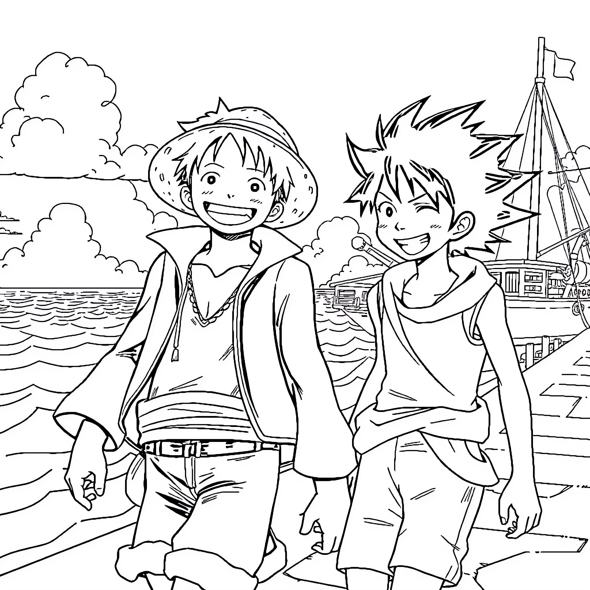 Luffy and Companion Explore Vibrant Coastal Scene Coloring Page (free black-and-white line drawing printable PDF for all, from beginners to advanced learners, including children, teens, adults, and seniors)