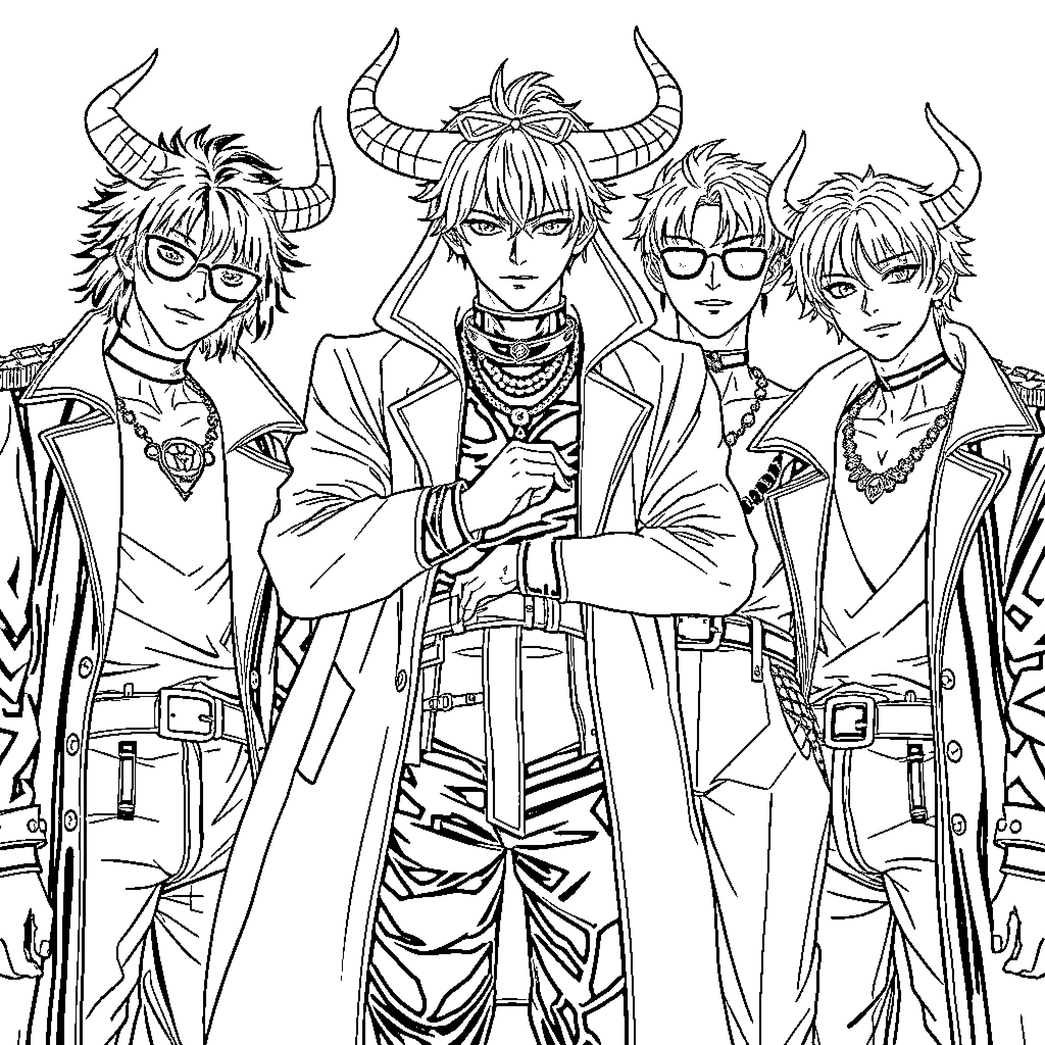 Saja Boy Punk Rock Group in Eccentric Outfits Coloring Page (free black-and-white line drawing printable PDF for all, from beginners to advanced learners, including children, teens, adults, and seniors)