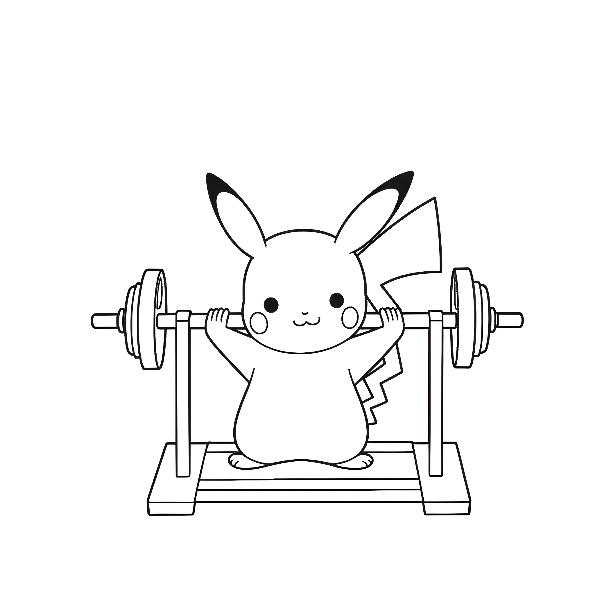 Pikachu lifting weights in gym Coloring Page (free black-and-white line drawing printable PDF for all, from beginners to advanced learners, including children, teens, adults, and seniors)