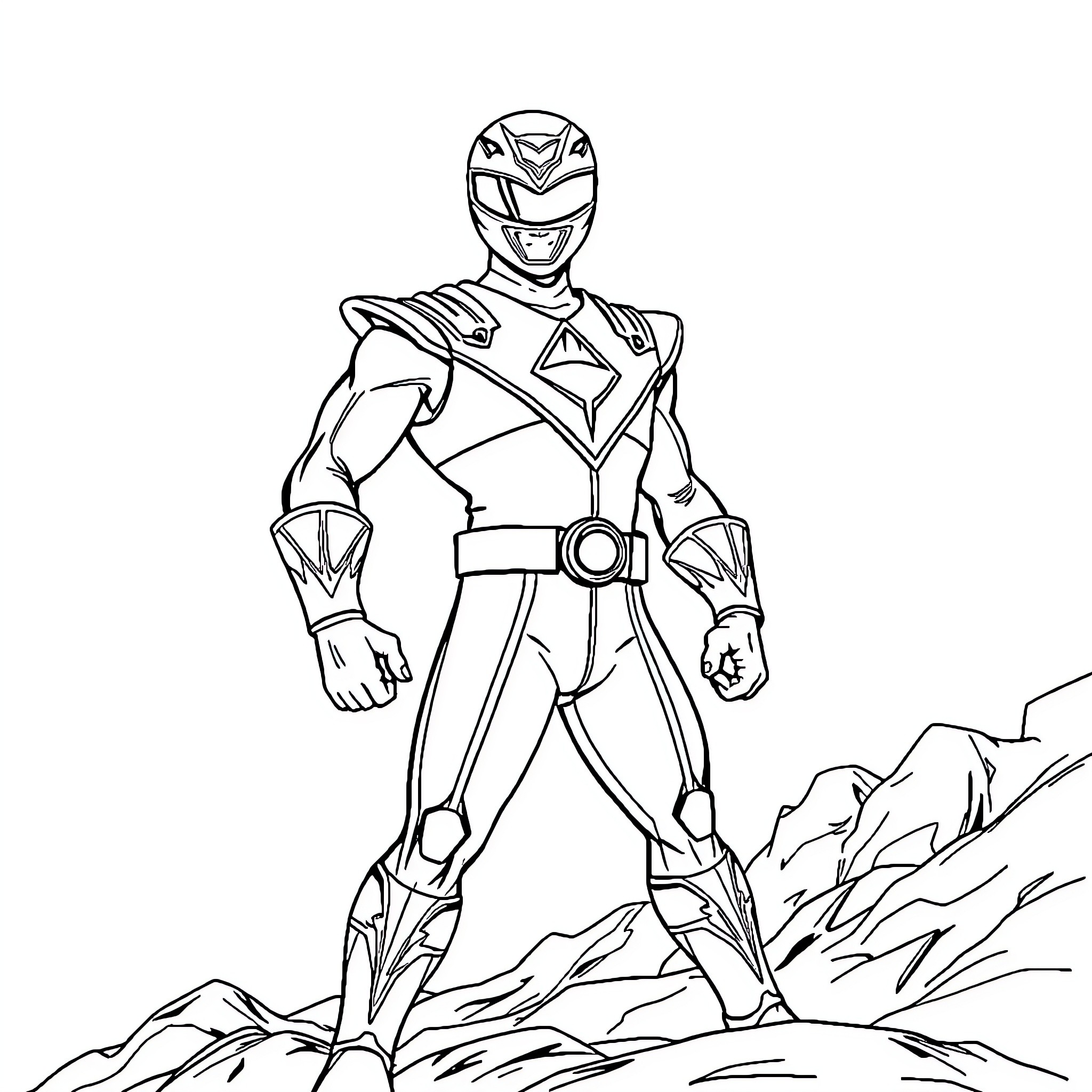 Power Ranger Stands Tall in Rugged Terrain Coloring Page (free black-and-white line drawing printable PDF for all, from beginners to advanced learners, including children, teens, adults, and seniors)
