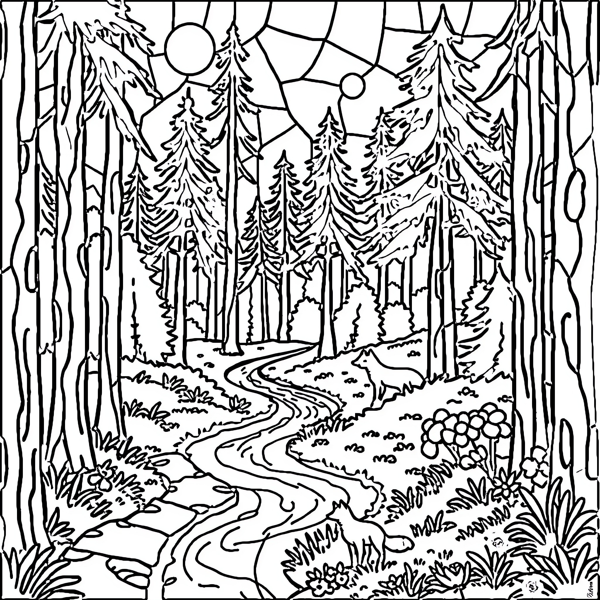 Forest landscape with winding path and sunlit trees Coloring Page (free black-and-white line drawing printable PDF for all, from beginners to advanced learners, including children, teens, adults, and seniors)