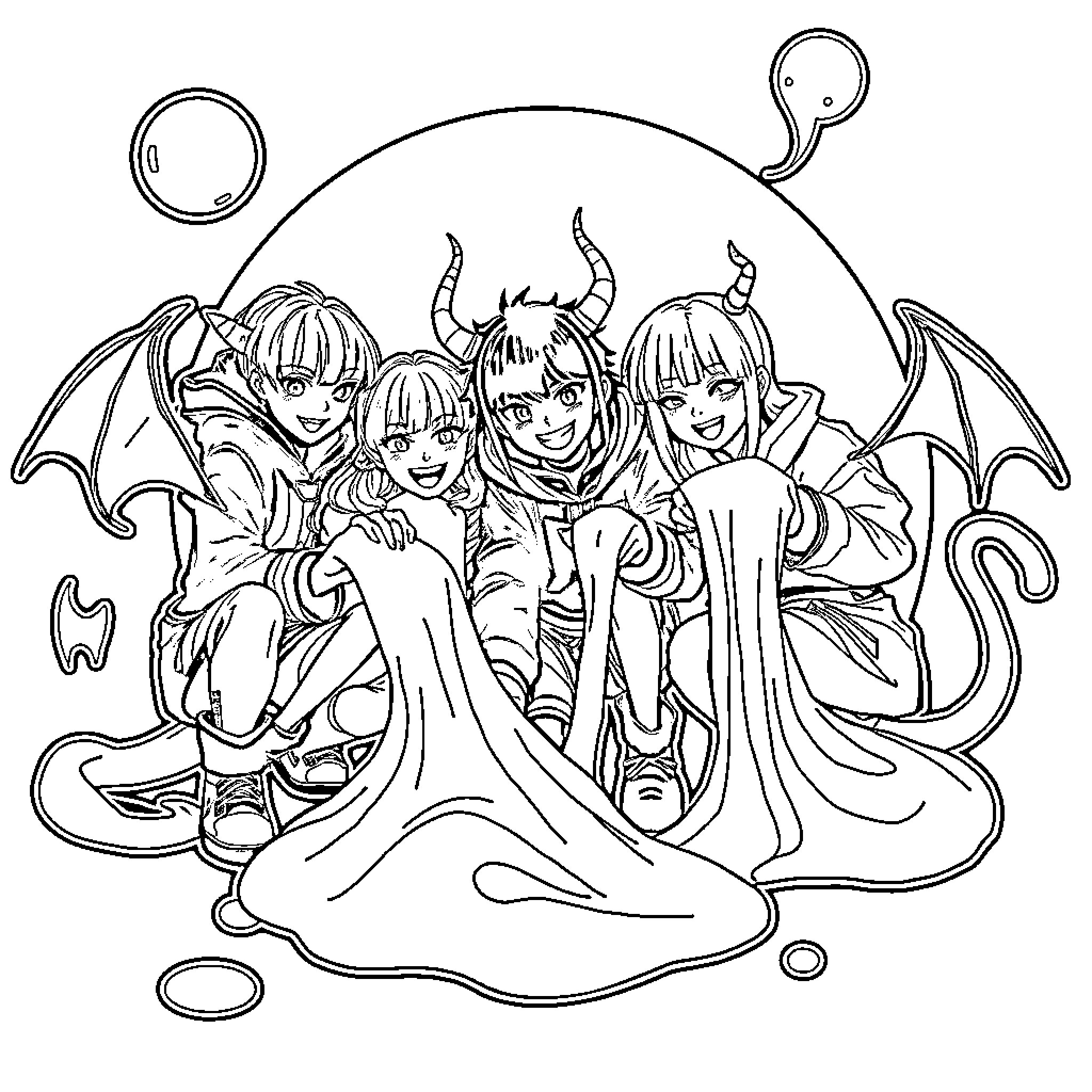 Demon Hunters with Supernatural Powers Coloring Page (free black-and-white line drawing printable PDF for all, from beginners to advanced learners, including children, teens, adults, and seniors)