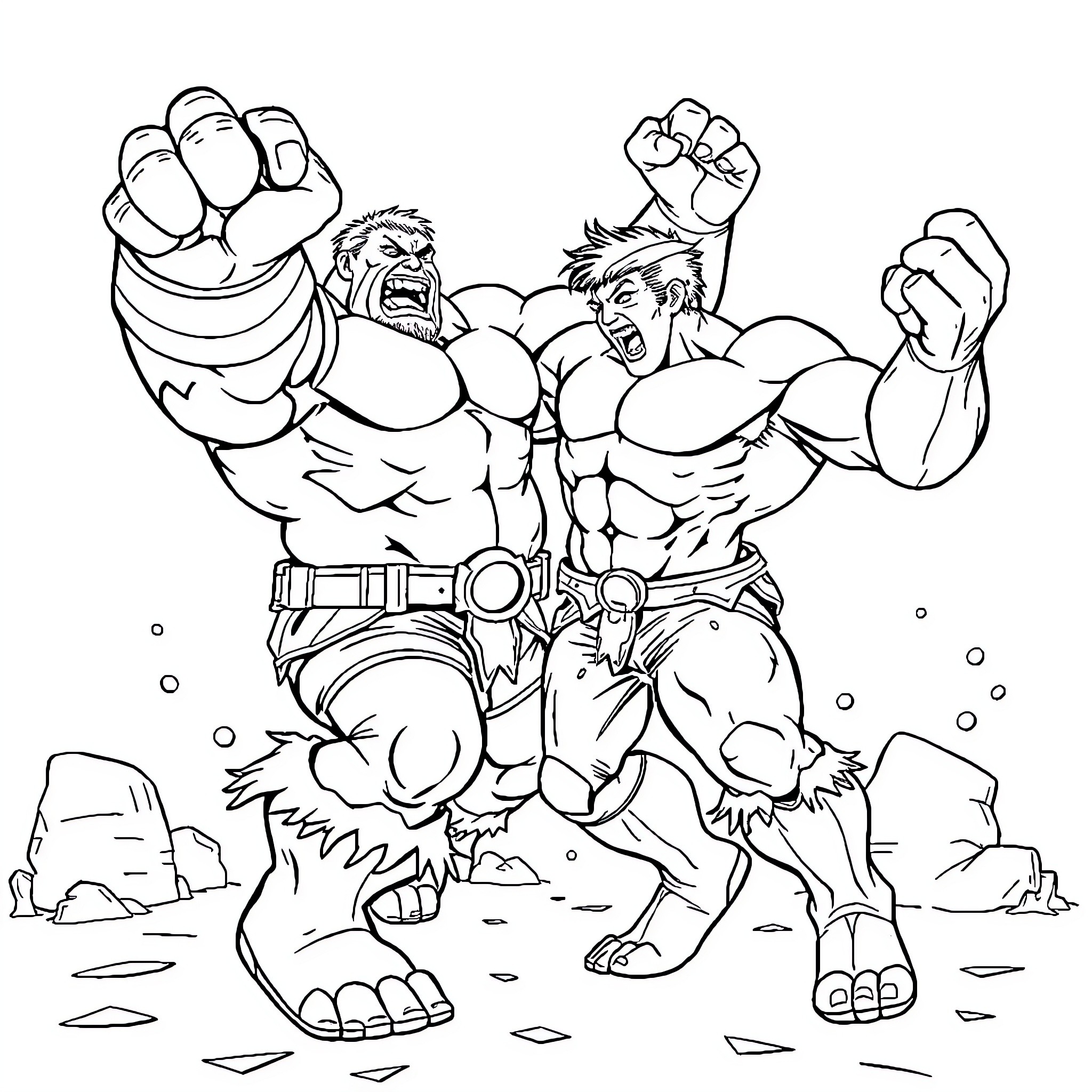 Juggernaut heroes battling in an epic clash Coloring Page (free black-and-white line drawing printable PDF for all, from beginners to advanced learners, including children, teens, adults, and seniors)