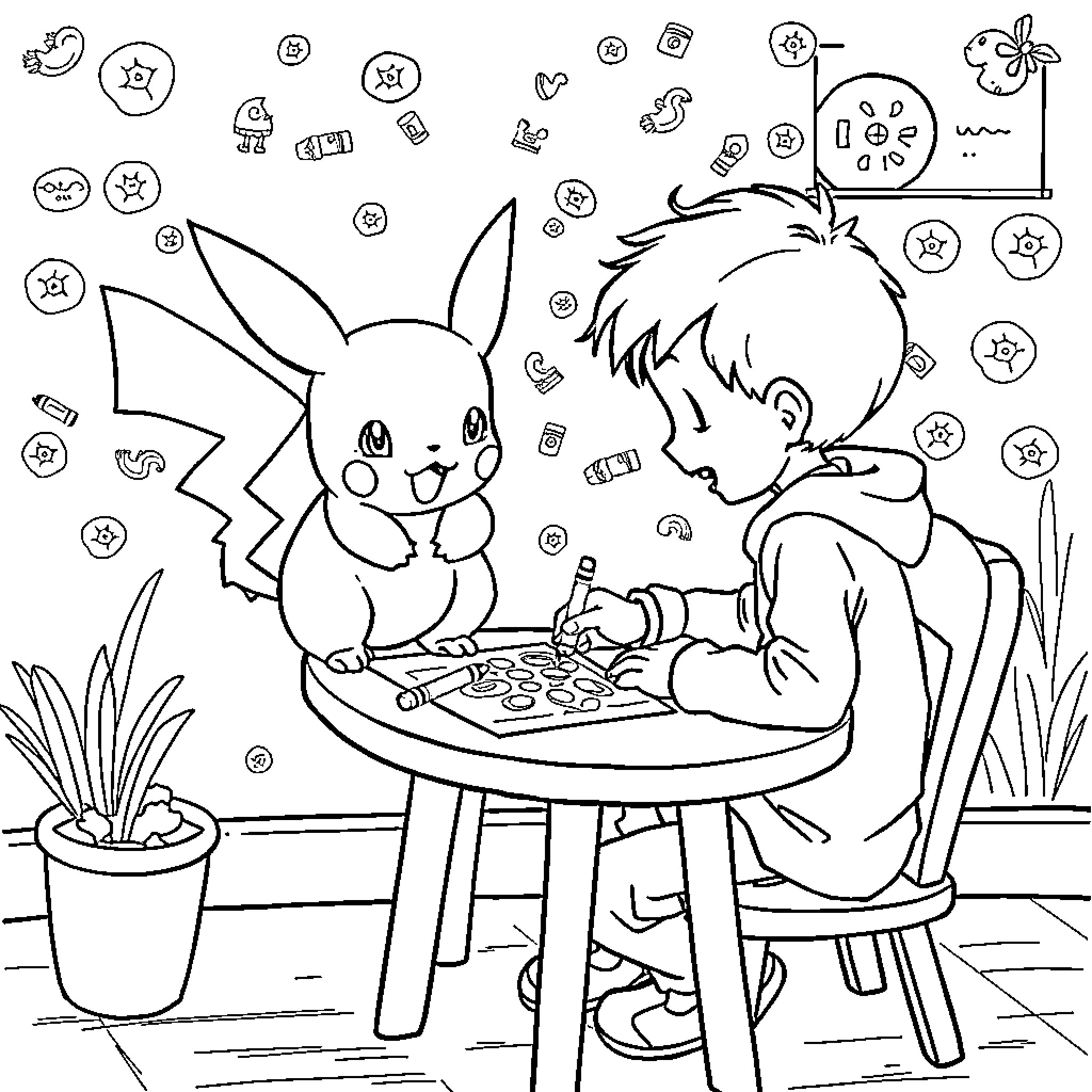 Boy coloring with Pokemon character Coloring Page (free black-and-white line drawing printable PDF for all, from beginners to advanced learners, including children, teens, adults, and seniors)