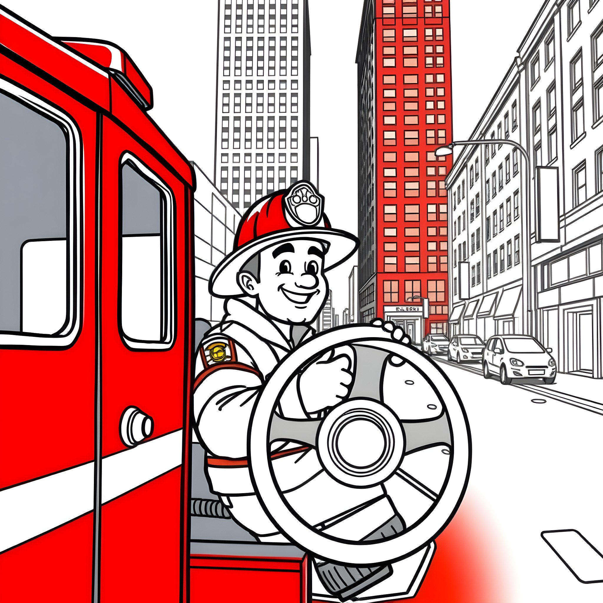 Fireman driving red fire truck through city streets Coloring Page (free black-and-white line drawing printable PDF for all, from beginners to advanced learners, including children, teens, adults, and seniors)