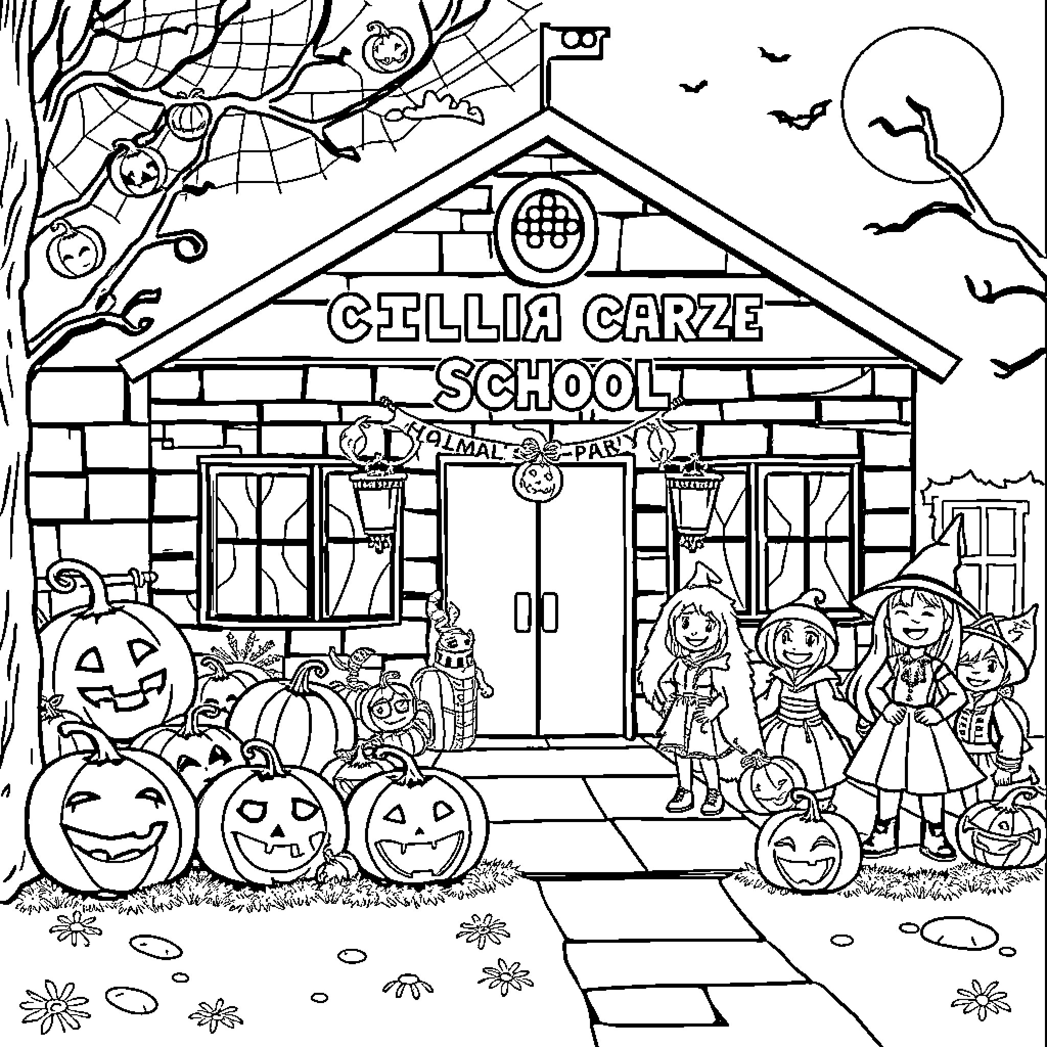 School Halloween Celebration with Costumes and Pumpkins Coloring Page (free black-and-white line drawing printable PDF for all, from beginners to advanced learners, including children, teens, adults, and seniors)