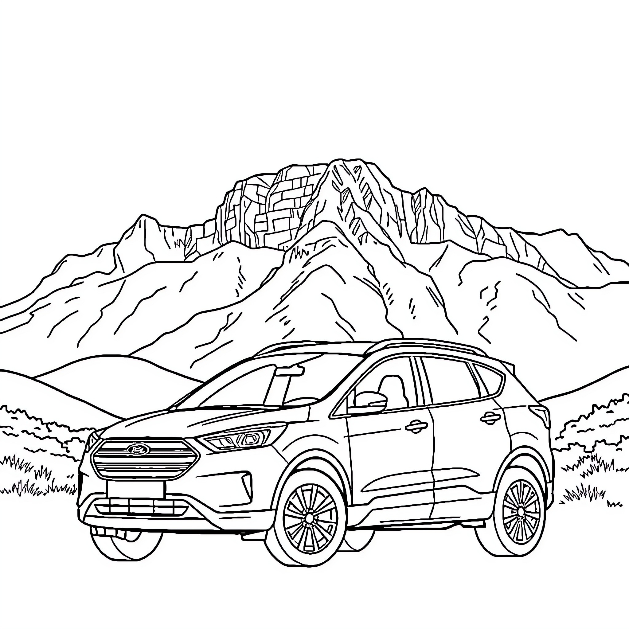 Ford SUV exploring scenic mountain landscape Coloring Page (free black-and-white line drawing printable PDF for all, from beginners to advanced learners, including children, teens, adults, and seniors)