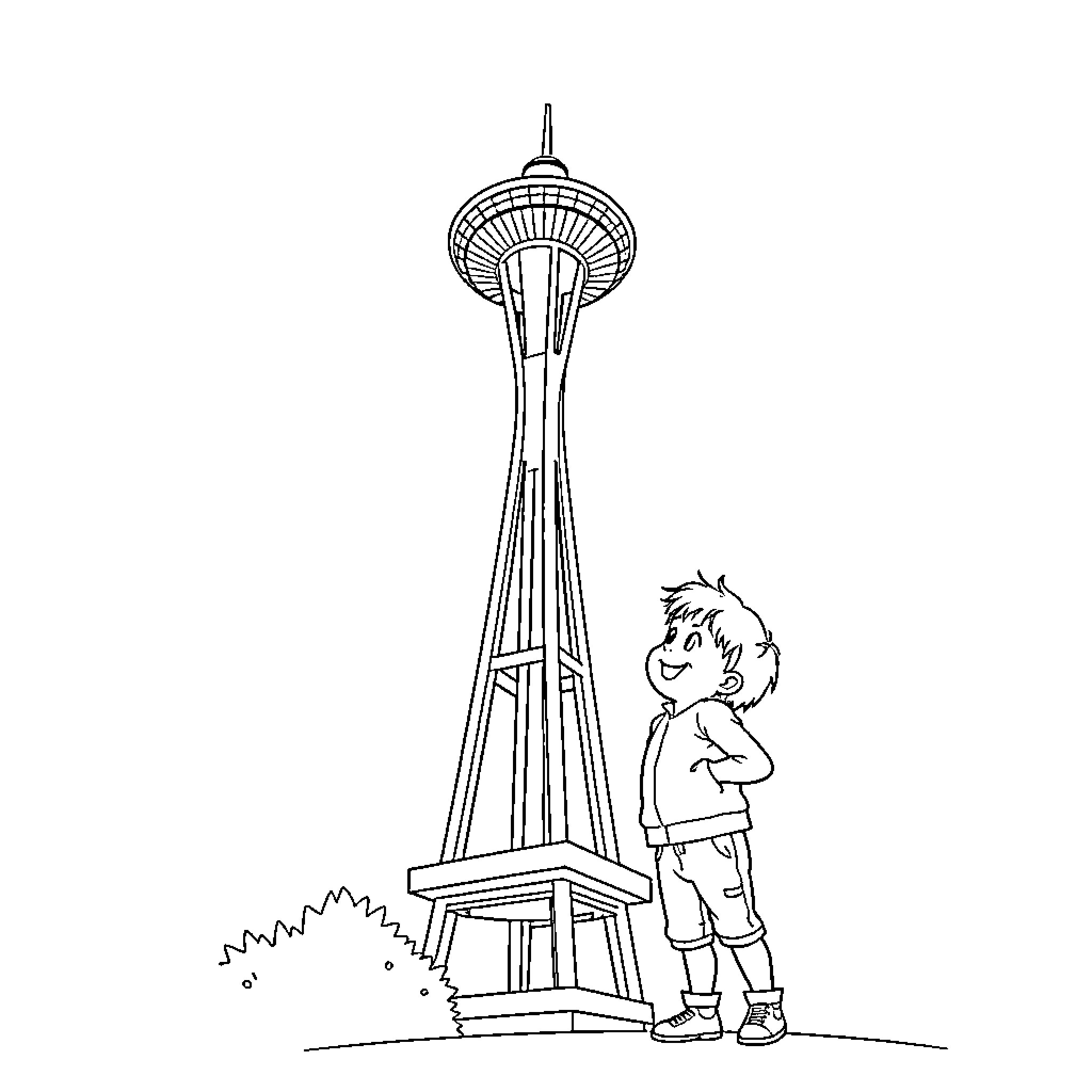 Child exploring the city landmark Coloring Page (free black-and-white line drawing printable PDF for all, from beginners to advanced learners, including children, teens, adults, and seniors)