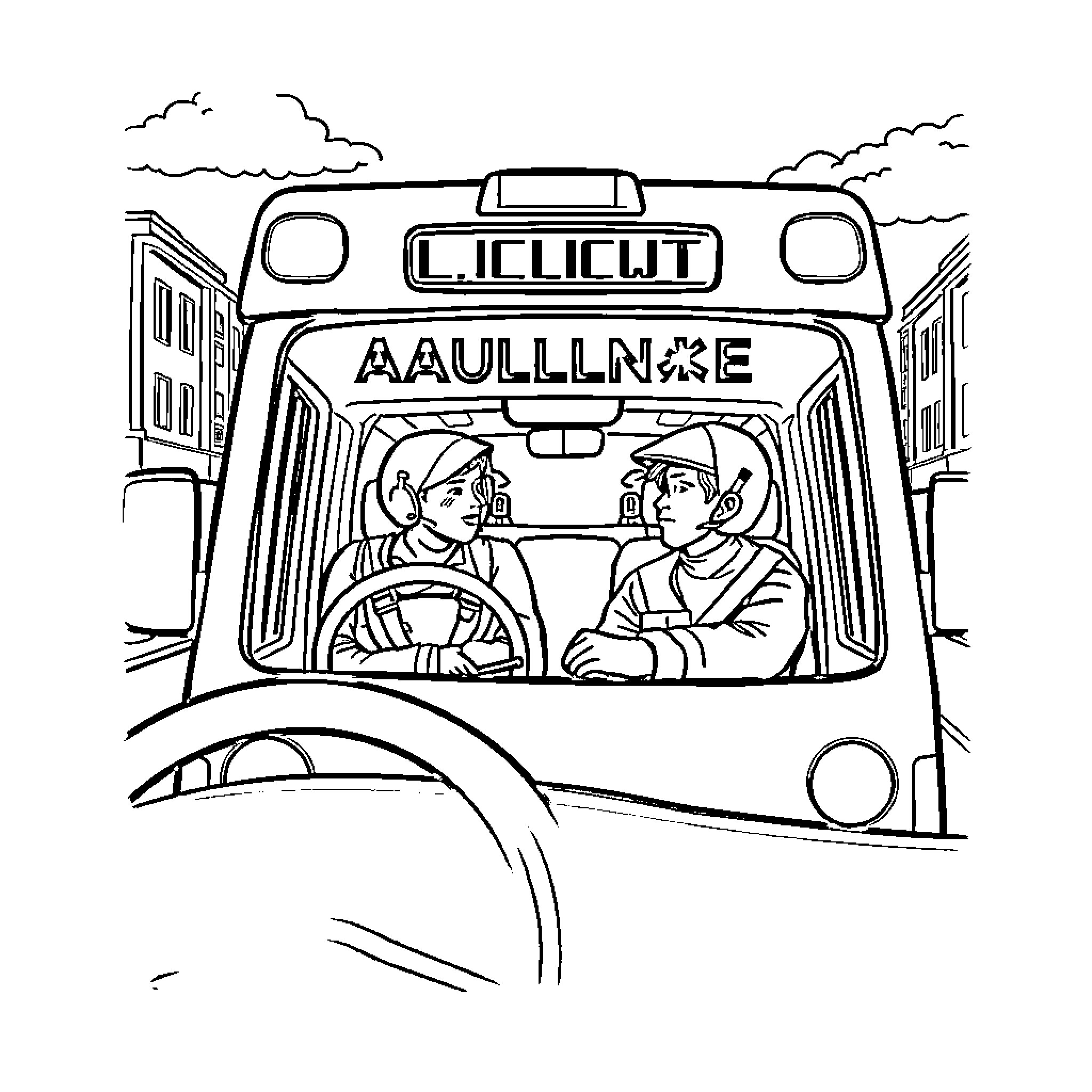 Ambulancier transporting passengers in emergency vehicle Coloring Page (free black-and-white line drawing printable PDF for all, from beginners to advanced learners, including children, teens, adults, and seniors)