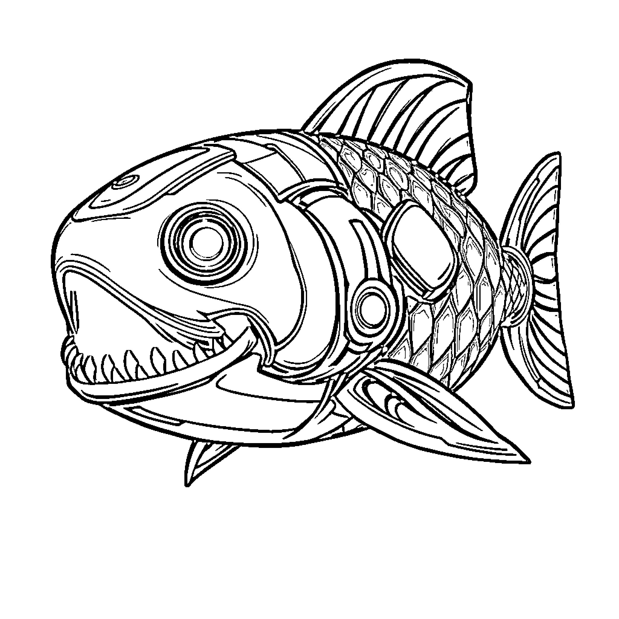Robot Piranha with Mechanical Fins and Teeth Coloring Page (free black-and-white line drawing printable PDF for all, from beginners to advanced learners, including children, teens, adults, and seniors)