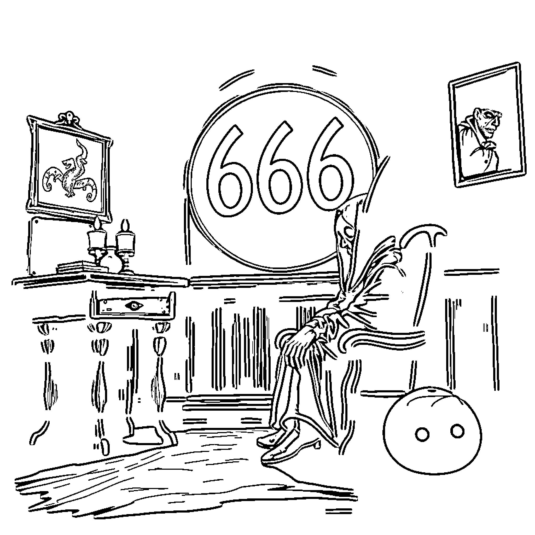 Guest in a Demonic Room Coloring Page (free black-and-white line drawing printable PDF for all, from beginners to advanced learners, including children, teens, adults, and seniors)