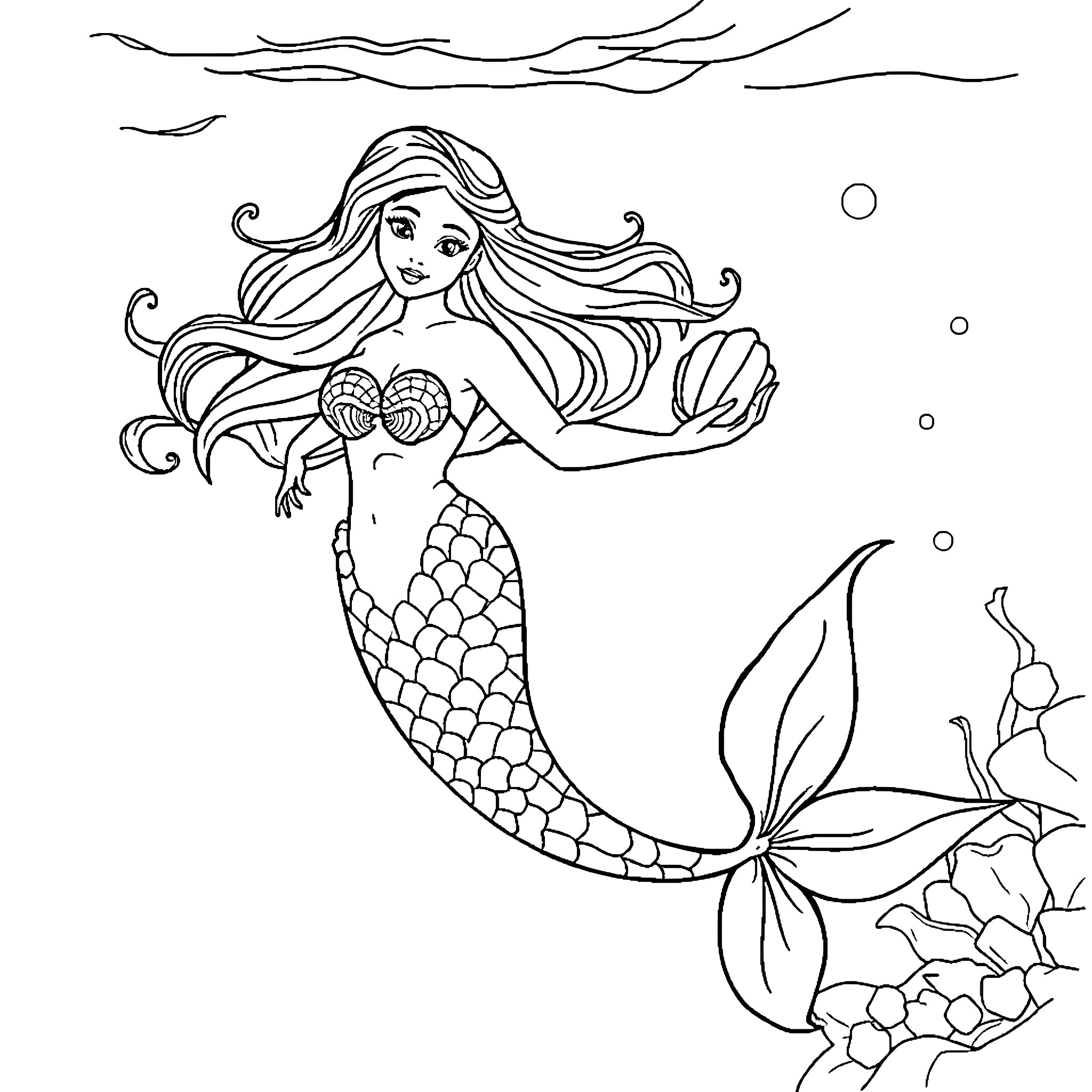 Mermaid swimming gracefully in the ocean Coloring Page (free black-and-white line drawing printable PDF for all, from beginners to advanced learners, including children, teens, adults, and seniors)