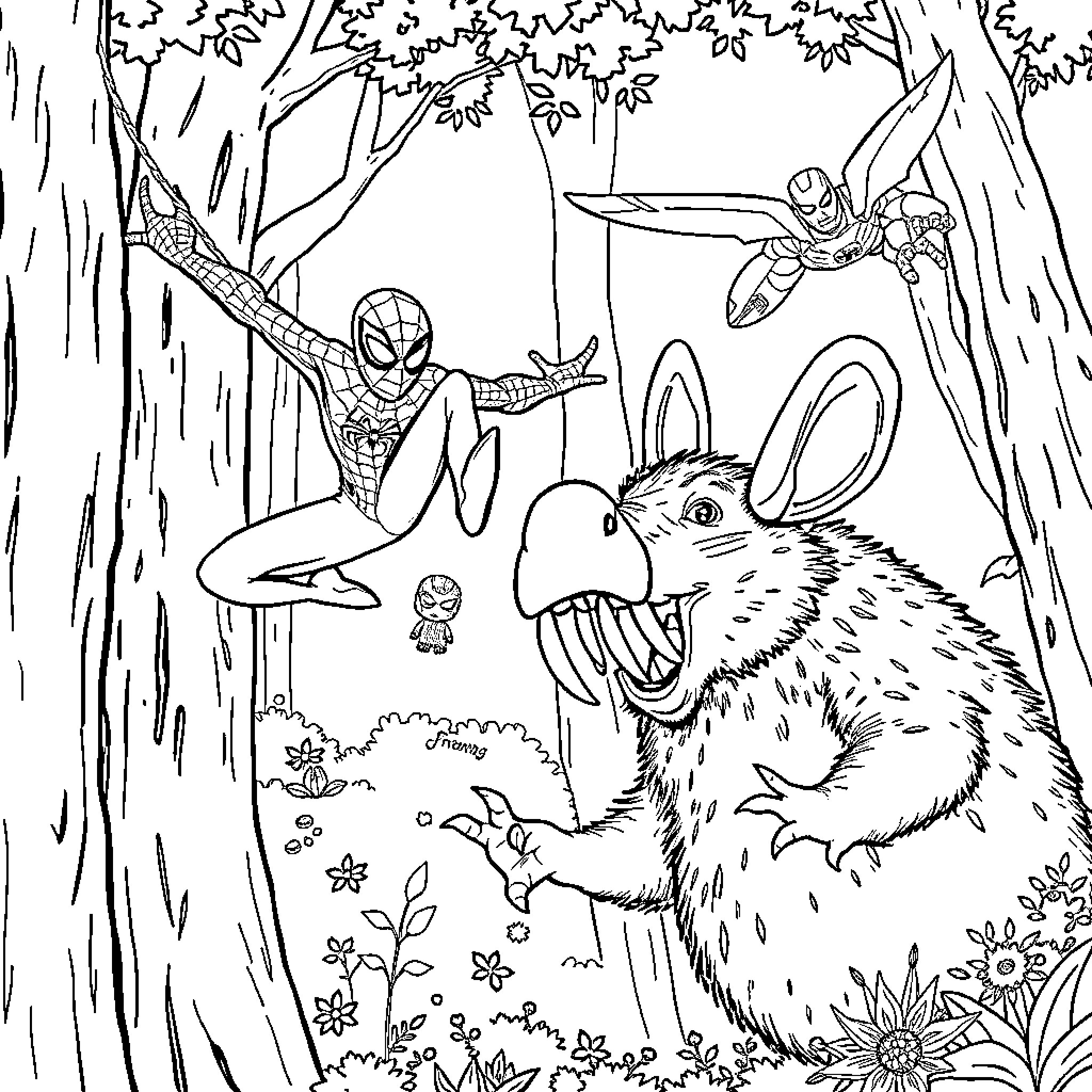 Spidey adventures in the enchanted forest Coloring Page (free black-and-white line drawing printable PDF for all, from beginners to advanced learners, including children, teens, adults, and seniors)
