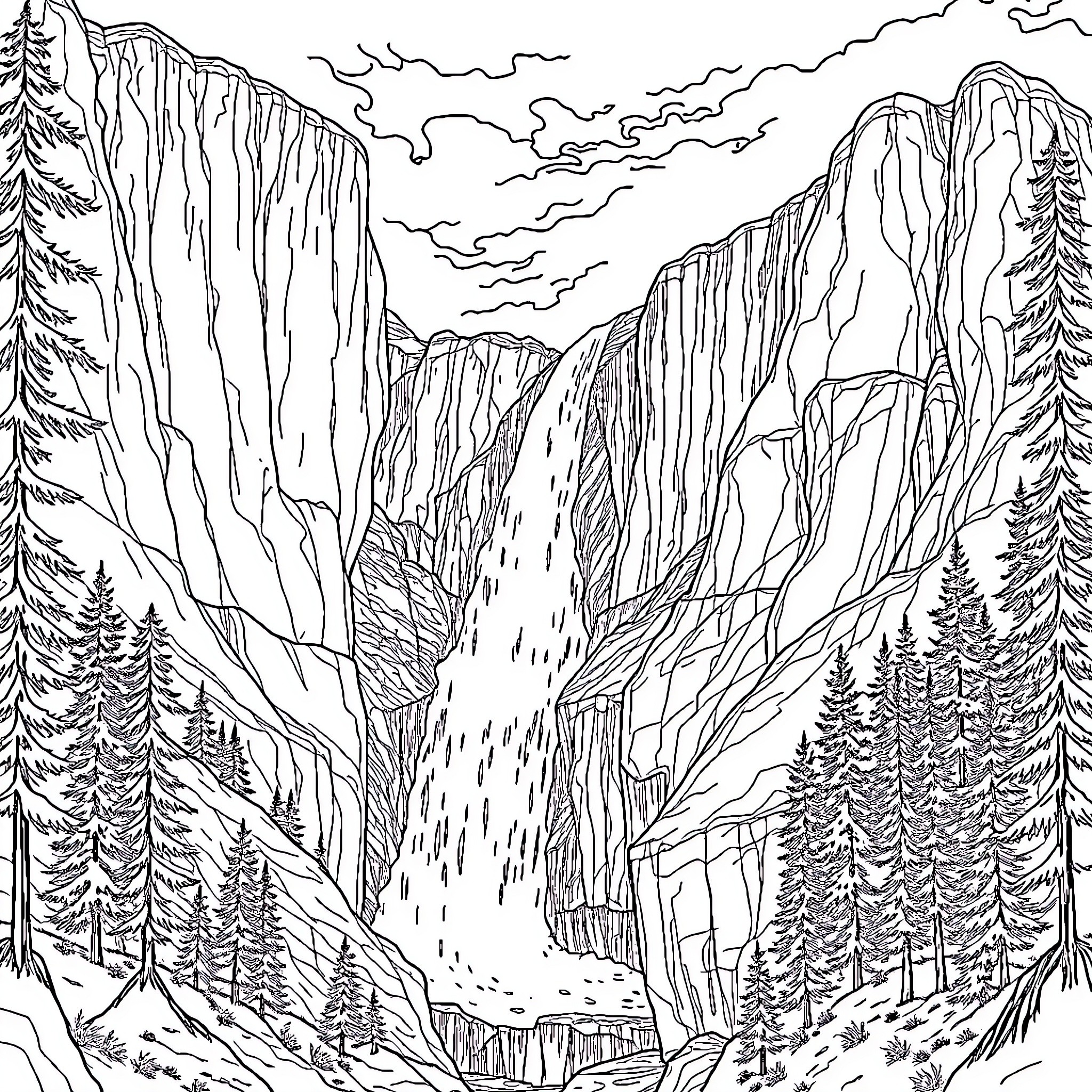 Waterfall amidst majestic mountains and dense forests Coloring Page (free black-and-white line drawing printable PDF for all, from beginners to advanced learners, including children, teens, adults, and seniors)