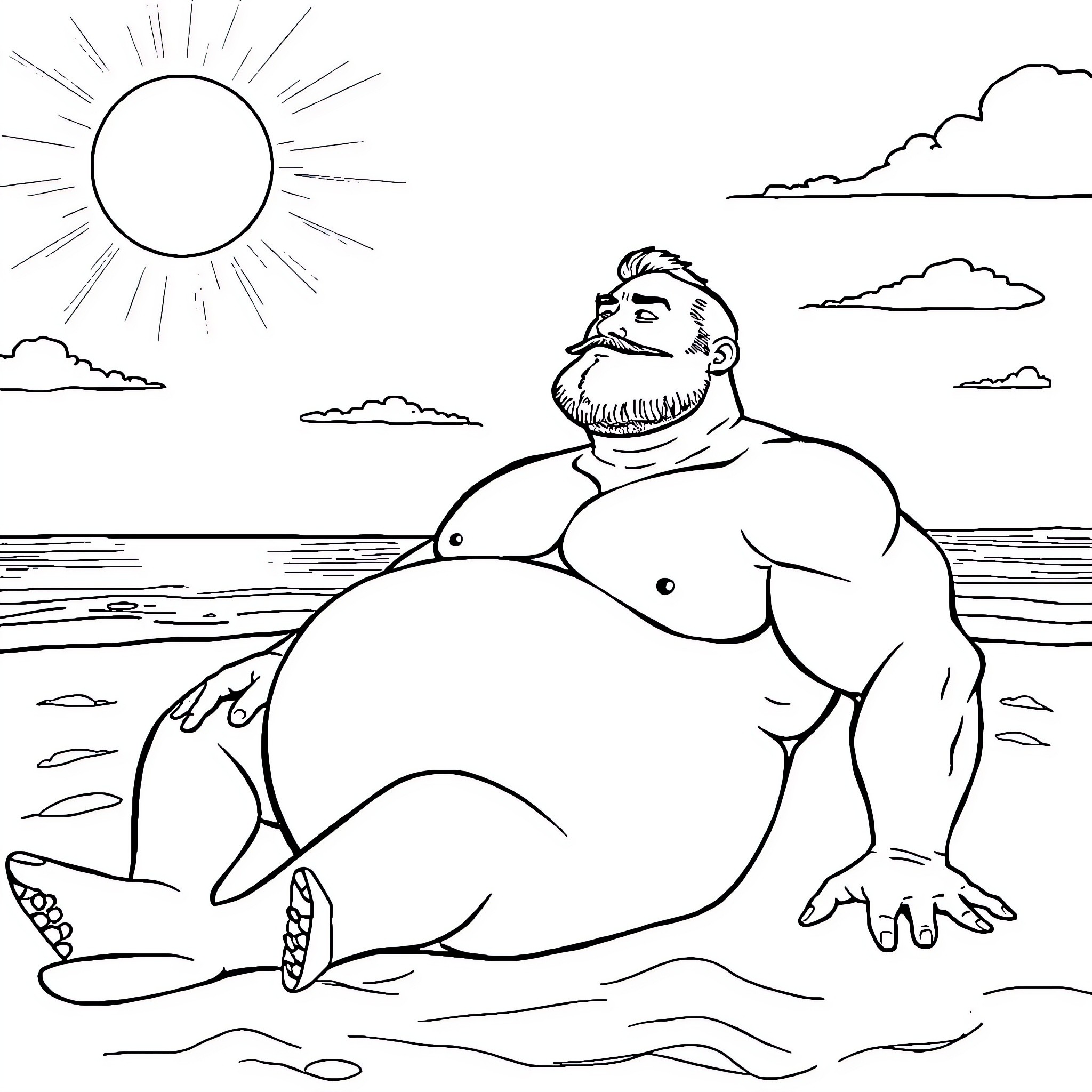 Man sunbathing and relaxing by the ocean Coloring Page (free black-and-white line drawing printable PDF for all, from beginners to advanced learners, including children, teens, adults, and seniors)