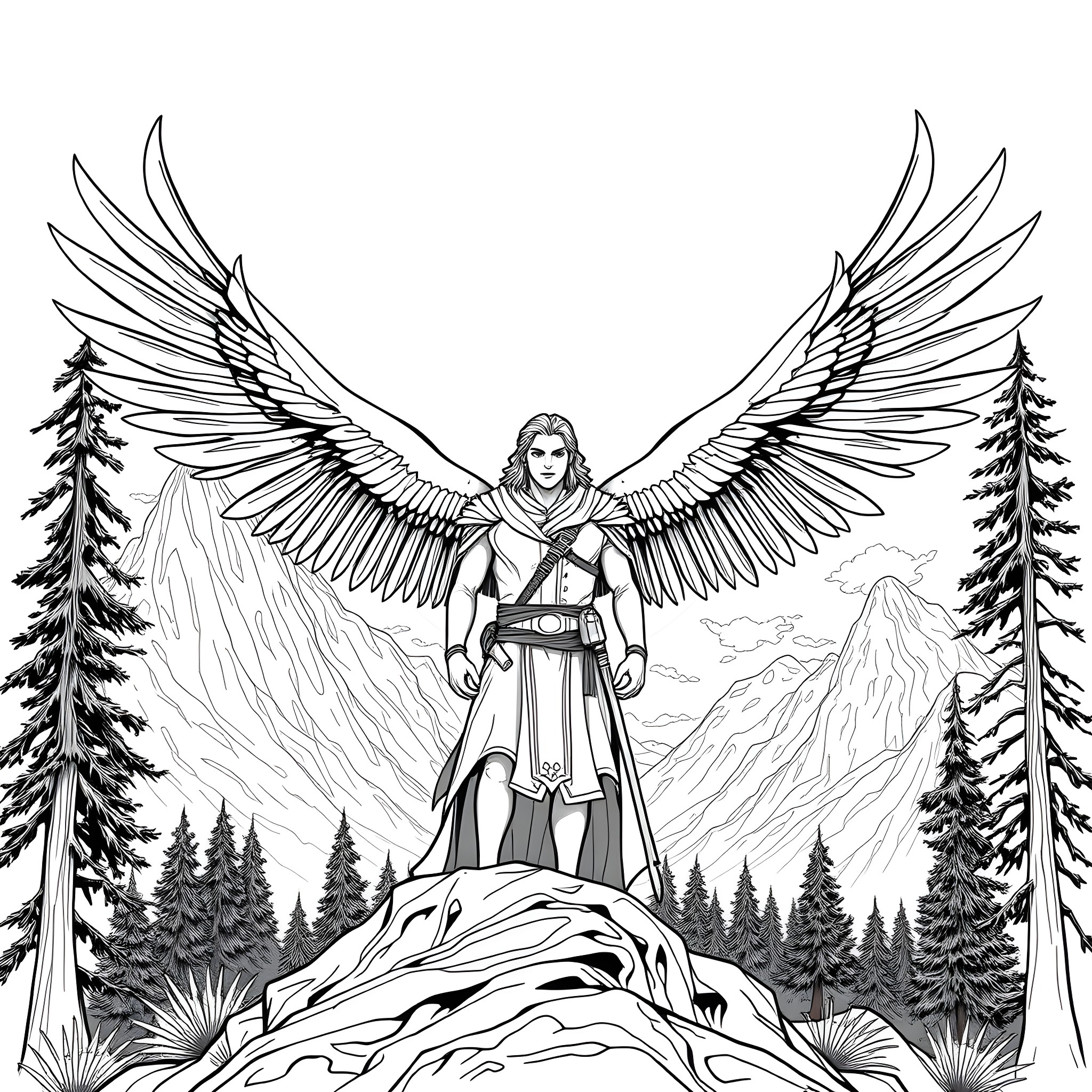 Cassian, the Angelic Warrior in the Wintery Landscape Coloring Page (free black-and-white line drawing printable PDF for all, from beginners to advanced learners, including children, teens, adults, and seniors)