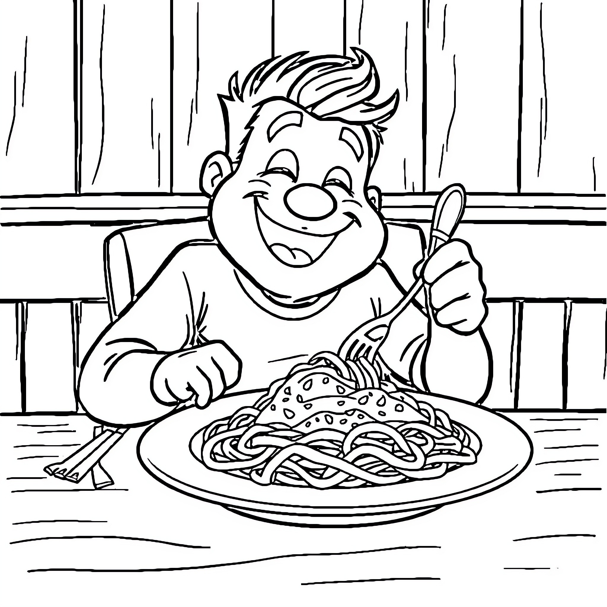 Jack Black enjoying a hearty meal of spaghetti Coloring Page (free black-and-white line drawing printable PDF for all, from beginners to advanced learners, including children, teens, adults, and seniors)