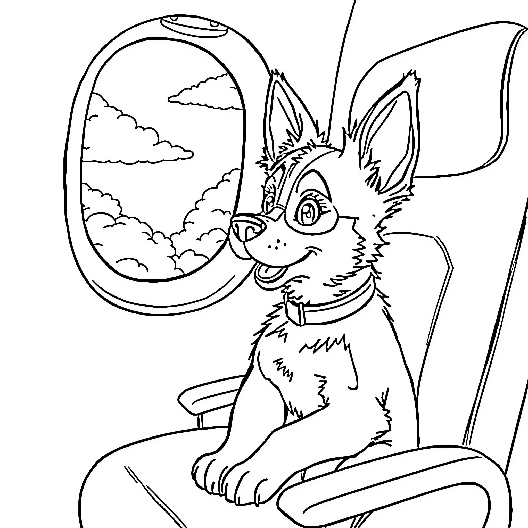 Bluey enjoying the view from the airplane window Coloring Page (free black-and-white line drawing printable PDF for all, from beginners to advanced learners, including children, teens, adults, and seniors)
