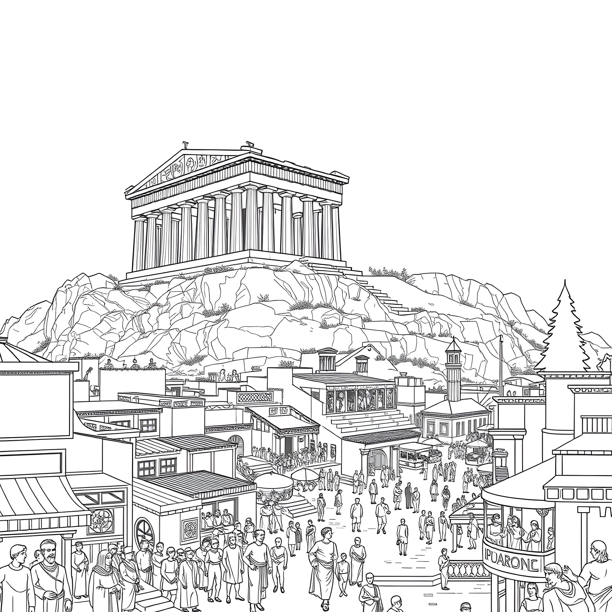 Athens bustling market and ancient temple on the hilltop Coloring Page (free black-and-white line drawing printable PDF for all, from beginners to advanced learners, including children, teens, adults, and seniors)