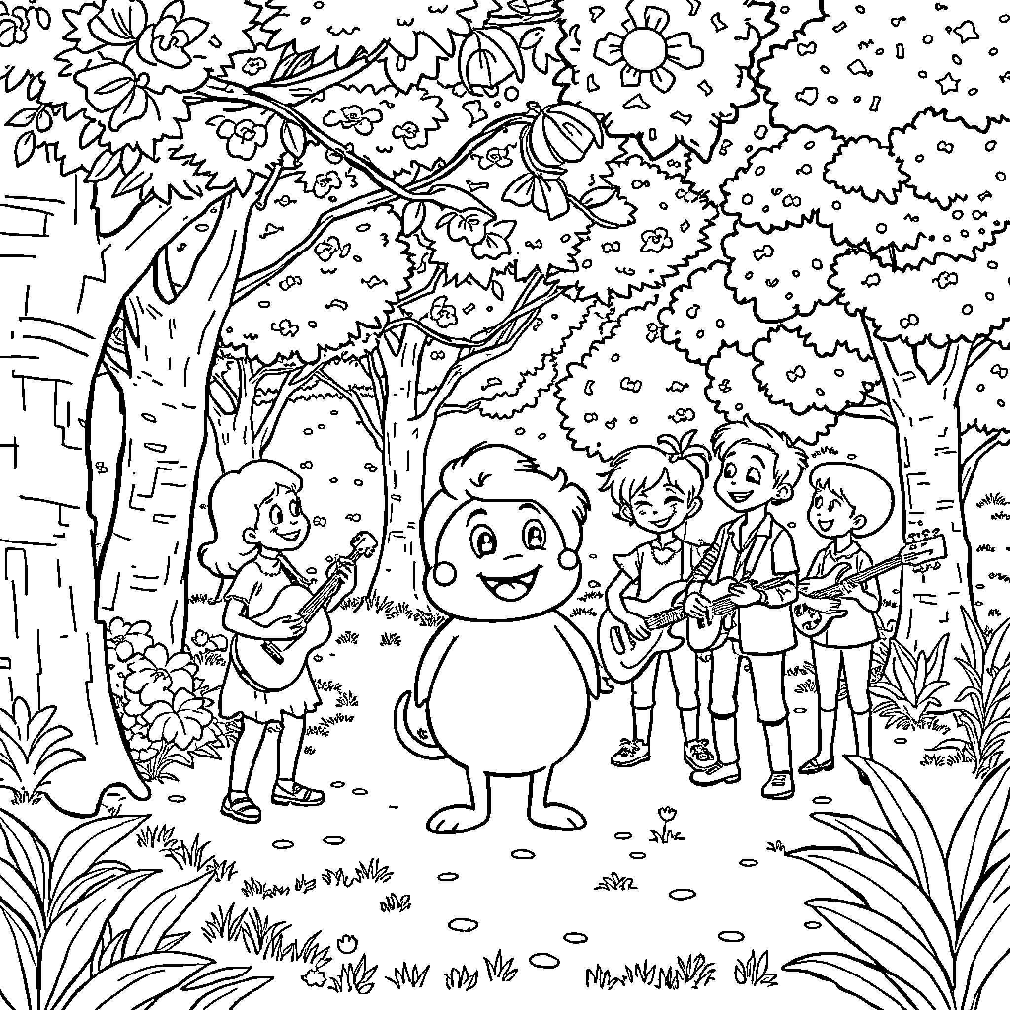 Labubu and Friends Explore the Lush Forest Playground Coloring Page (free black-and-white line drawing printable PDF for all, from beginners to advanced learners, including children, teens, adults, and seniors)