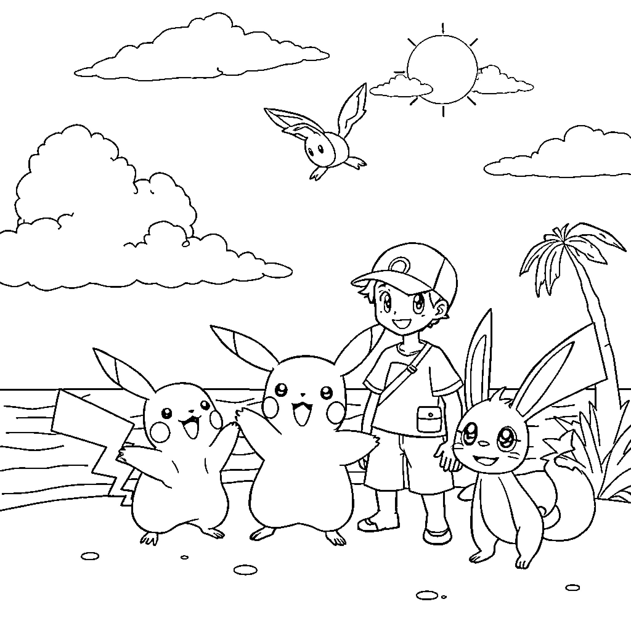 Pikachu and friends explore sunny tropical landscape Coloring Page (free black-and-white line drawing printable PDF for all, from beginners to advanced learners, including children, teens, adults, and seniors)